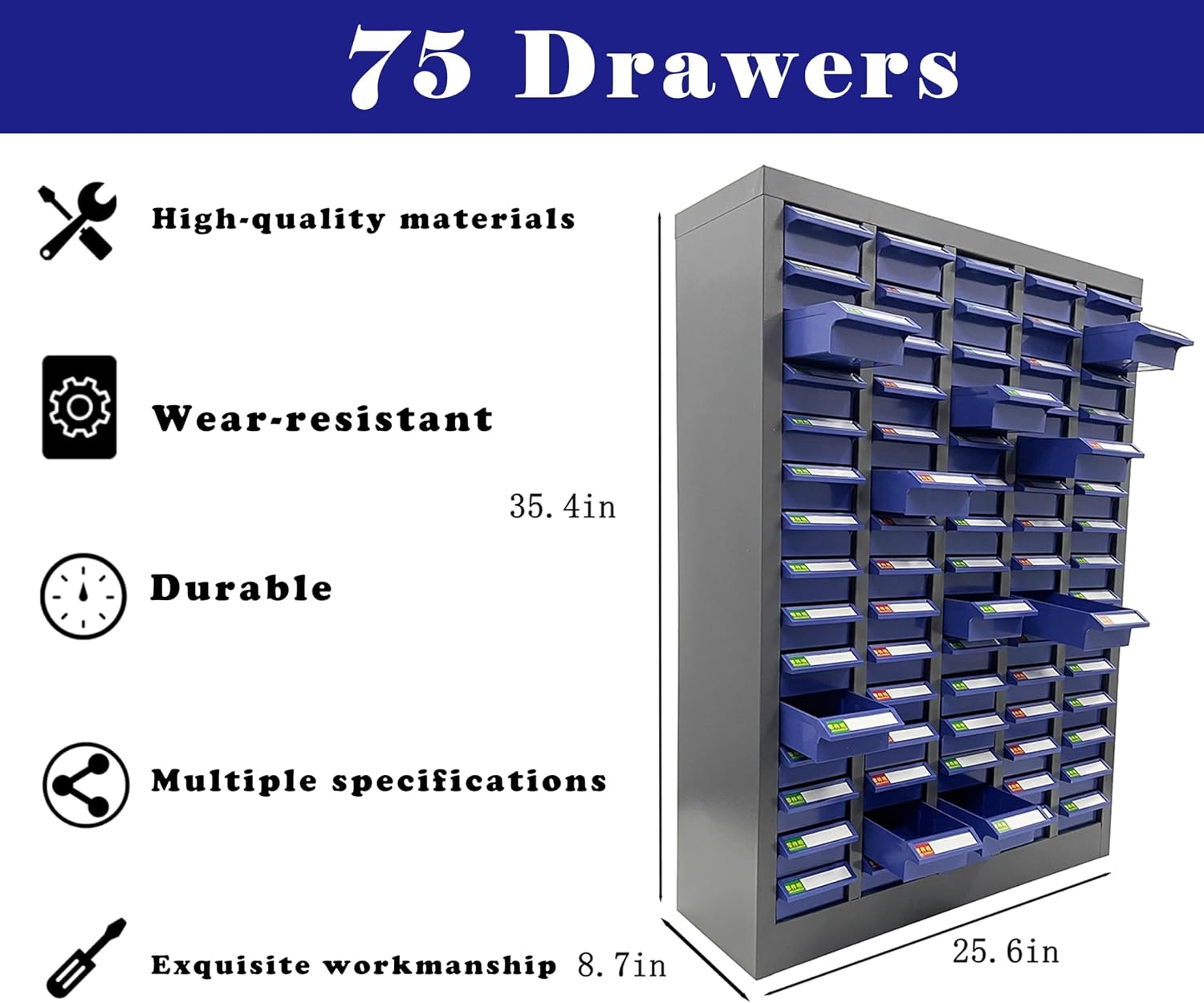 Parts Cabinet 75 Drawer Bolt and Nut Tool Storage Organizer Steel Tool Chest ABS/PS Material with Partitions and Labels