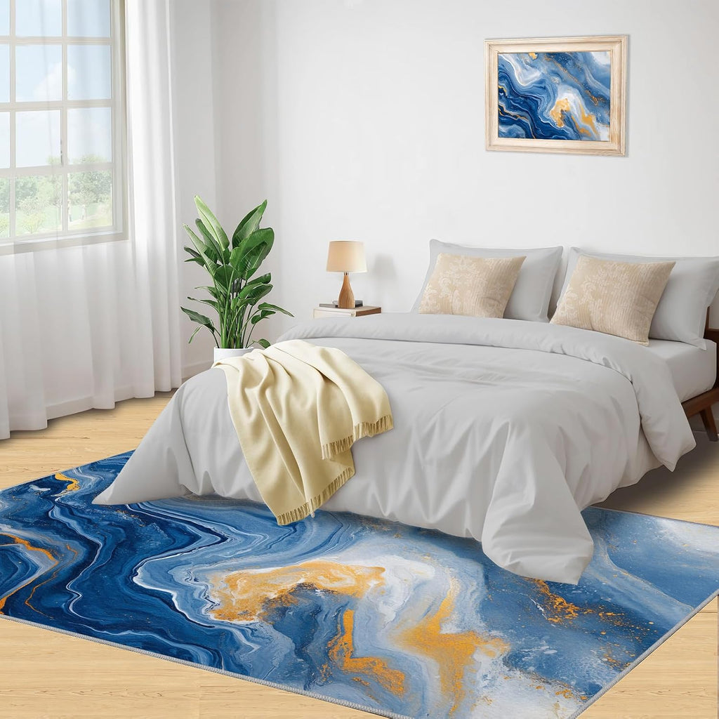 Blue Fluid Carpet - Large Rug 6x8 - Blue Gold Rugs for Living Room - Soft & Non Slip & Washable Rugs for Bedroom, Marble Carpets for Dining Room Lounge Girls Room