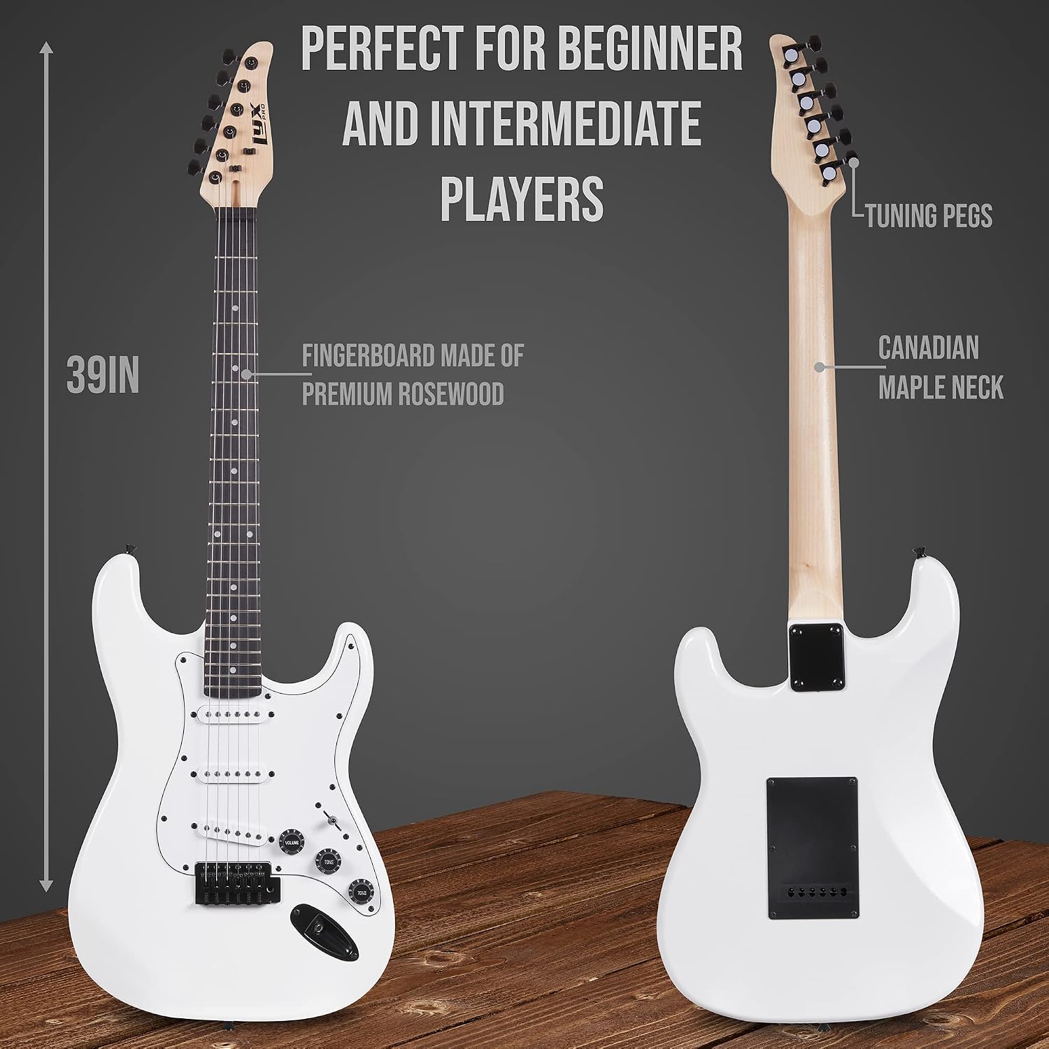 LyxPro 39 inch Electric Guitar Kit Bundle with 20w Amplifier, All Accessories, Digital Clip On Tuner, Six Strings, Two Picks, Tremolo Bar, Shoulder Strap, Case Bag Starter kit Full Size - White