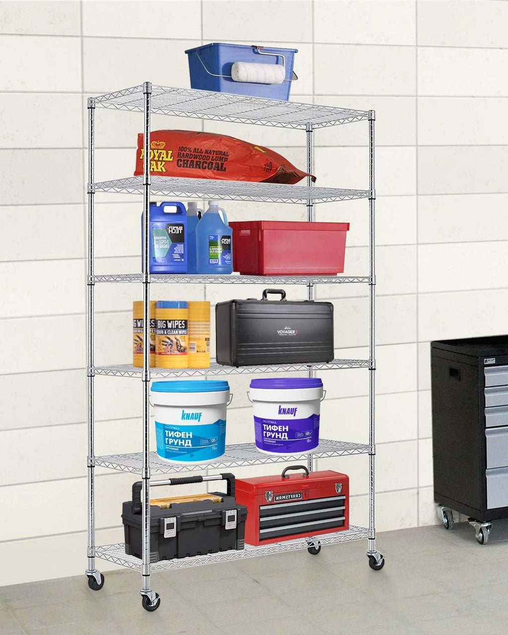 FDW 18x45x82 inch Wire Shelving Unit with Wheels Steel 6 Tier Heavy Duty Layer Rack Storage Metal Shelf Garage Organizer Wire Rack Shelving Adjustable Utility 2100 LBS Capacity,Chrome