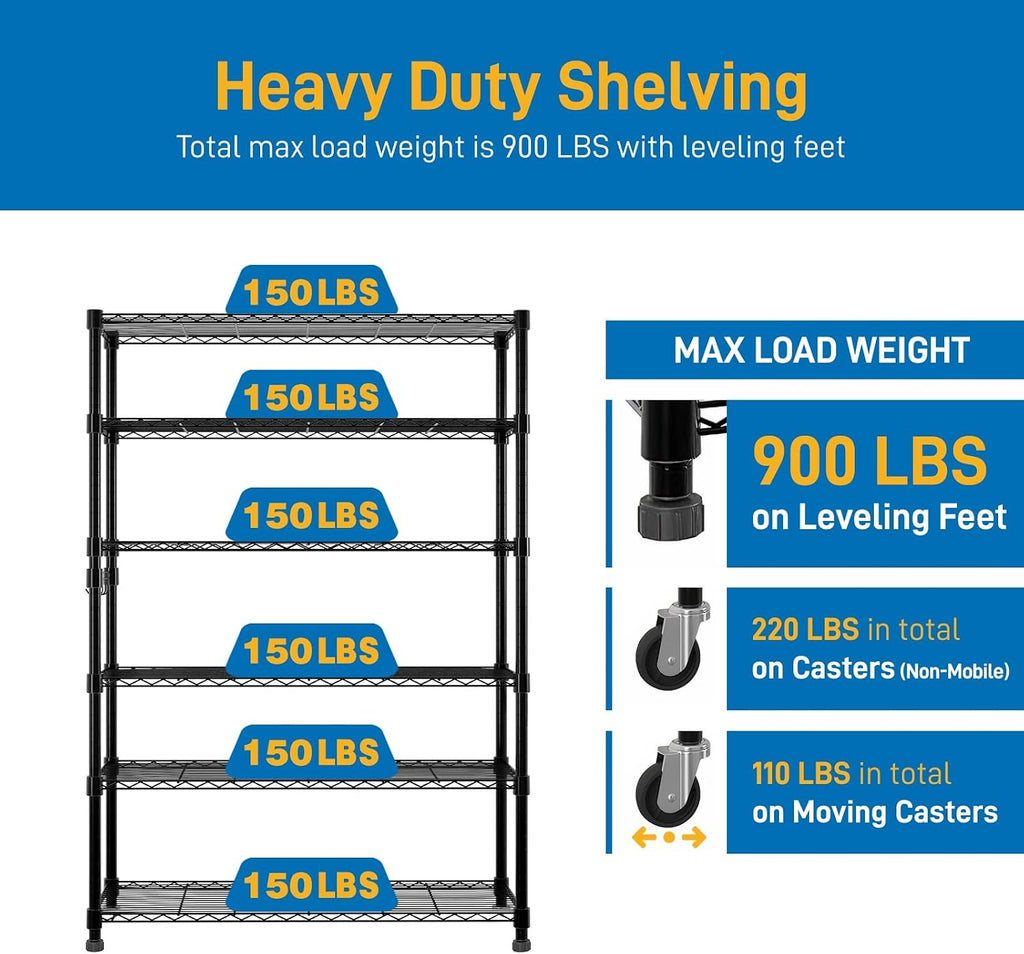 6-Tier Shelving Metal Storage Rack Adjustable Shelves,Standing Storage Shelf Units for Laundry Bathroom Kitchen Pantry Closet (Black 46.06''D × 17.72''W × 81.89''H)
