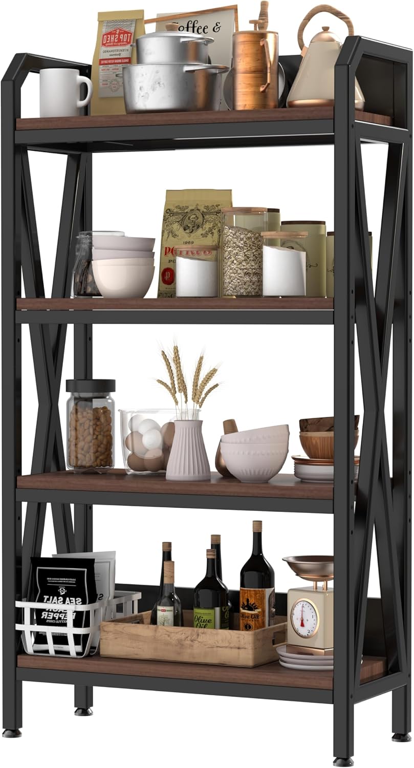 Stylish 4-Tier Baker's Rack with Wood Shelves and Metal Frame for Kitchen Pantry Organization, Garage, Bathroom or Closet Storage