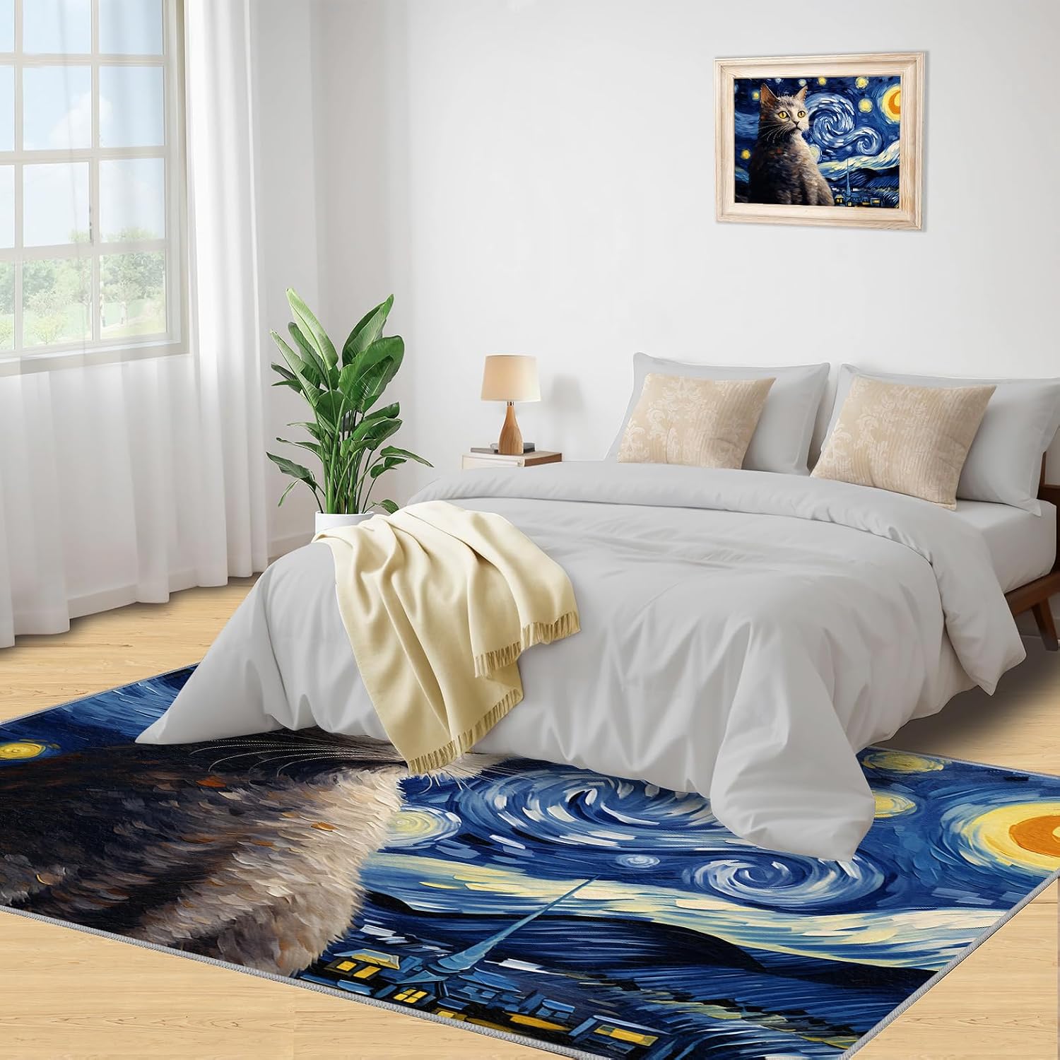 6x8 Area Rug - Starry Sky British Shorthair Cat Large Rugs for Living Room, Post-Impressionist Art Painting Carpet Area Rug for Girls Bedroom Kids Room Basement Office Classroom