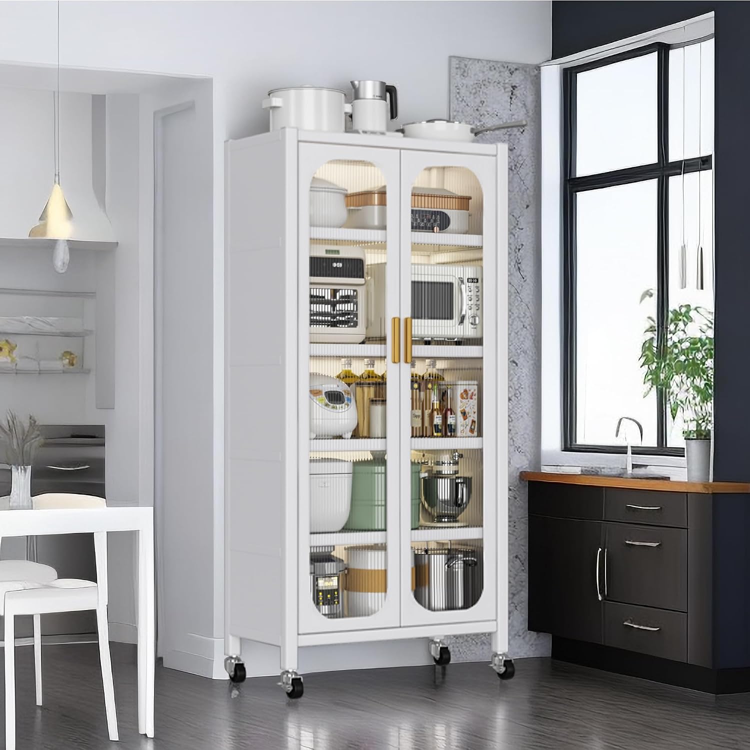 Runboll Kitchen Pantry Storage Cabinet, 6 Tier Metal Sideboard with Wheels and Acrylic Glass Door, Modern Display Curio Cabinet Bookcase White