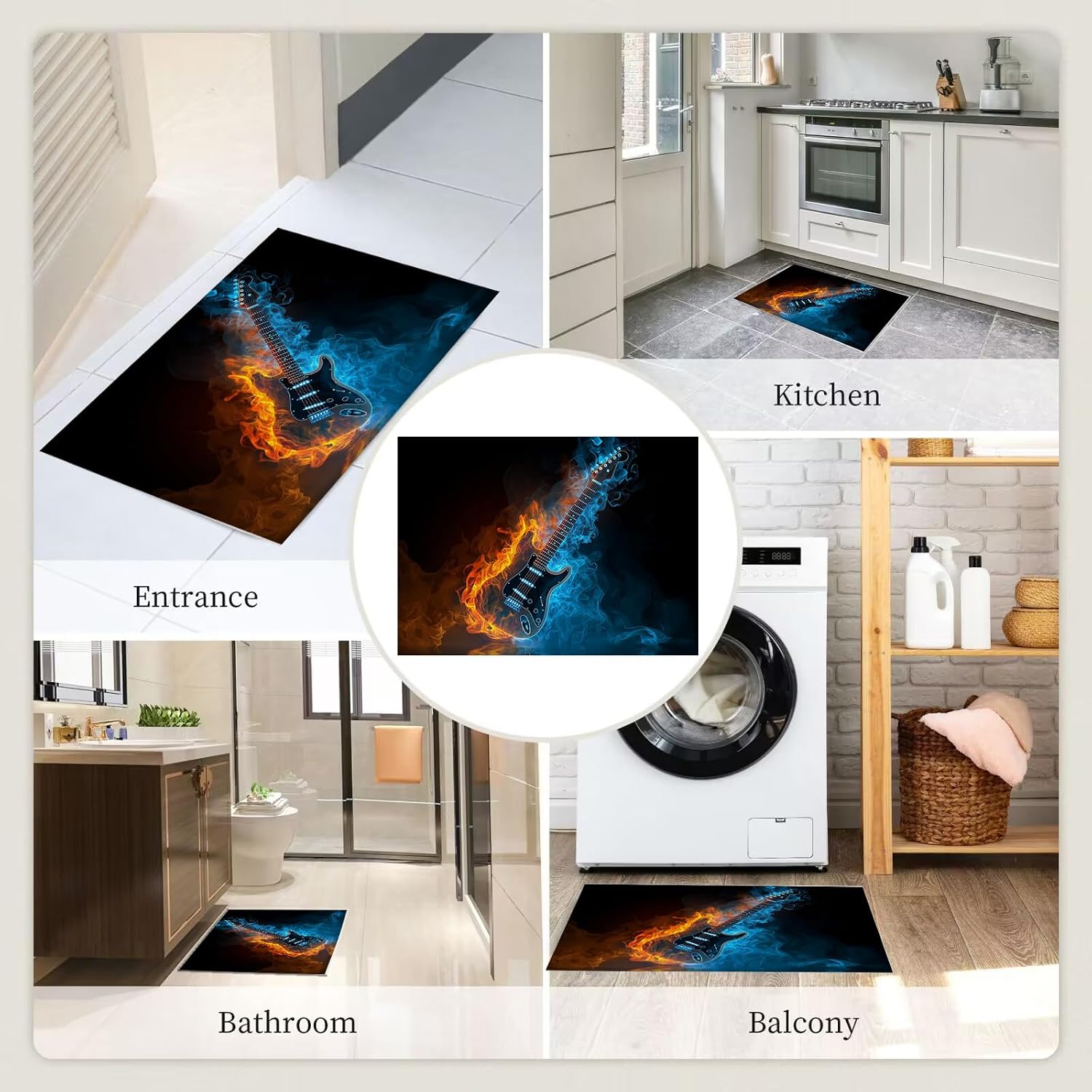 Area Rugs for Living Room - 5'3' x 7'6' Area Rugs, Music Theme Machine Washable Rug Blue Non-Slip Stain Resistant Soft Flaming Guitar Large Carpet Low Pile Thin Carpet
