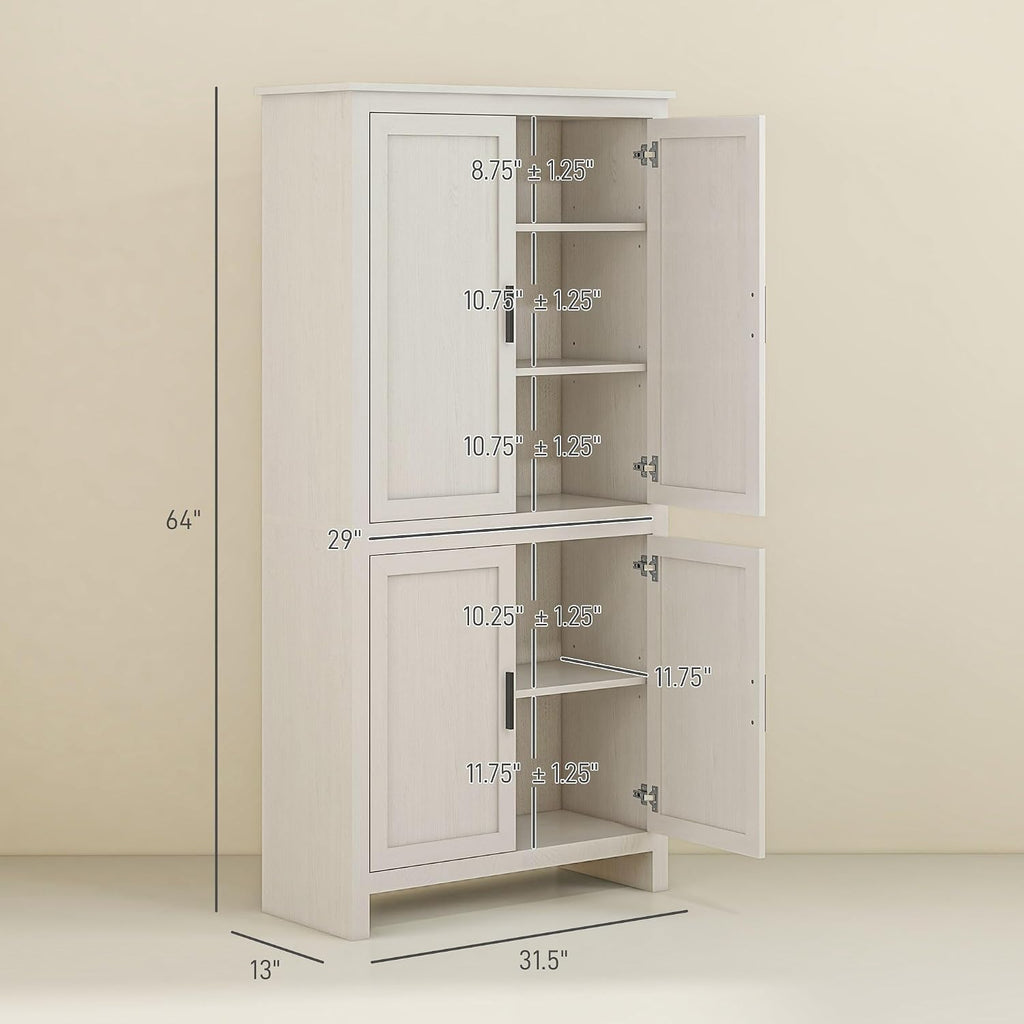 64' Adjustable Shelves Freestanding Storage Cabinet, Kitchen Storage Bakers Rack with Anti-Tipping Design, Utility Food Cupboard with 5-Tier Shelving for Kitchen Dining Living Room, Antique White