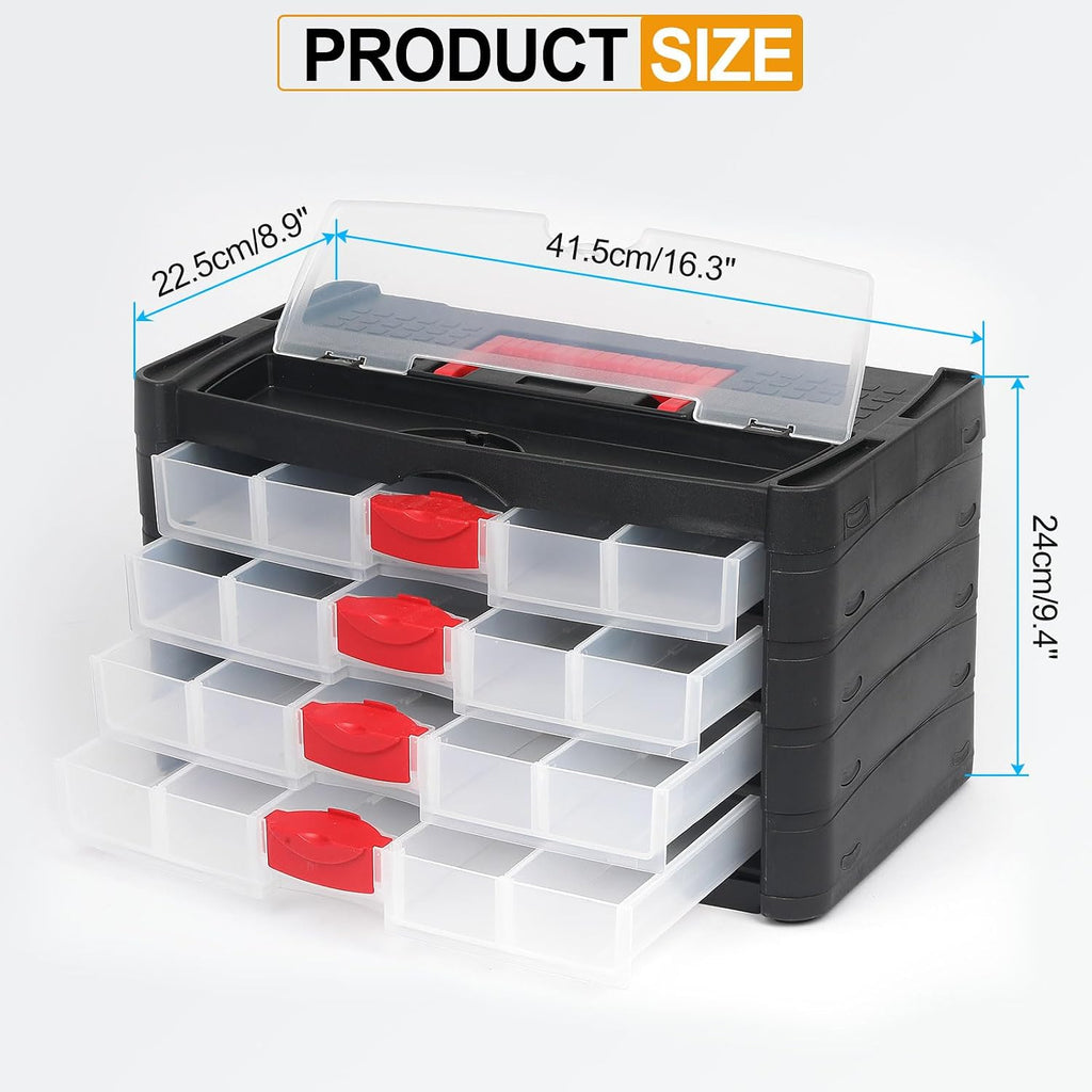 HARFINGTON Drawer Hardware Organizer 16.3'x8.9'x9.4' 4-Drawer 20-Compartment Tool Storage Box for Screws Nuts Nails Bolts