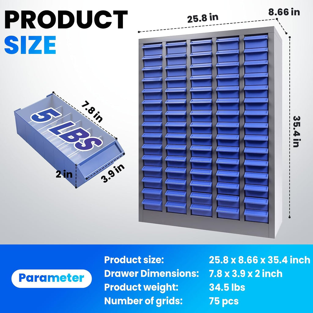 75 Drawers Bolt and Nut Organizer, Stainless Steel Part Cabinet & Tool Storage Cabinet, Bolt Bin Cabinets with ABS Drawers, Shelves & Label Stickers for Workshop Garage Hardware Storage