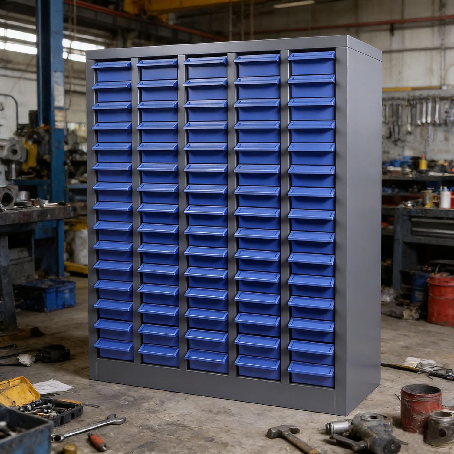 Freestanding 75 Drawer Small Parts Organizer, Blue ABS Drawer Cabinet with Label Panel and Shelf, Hardware Storage System for Workshops, Repair Stations