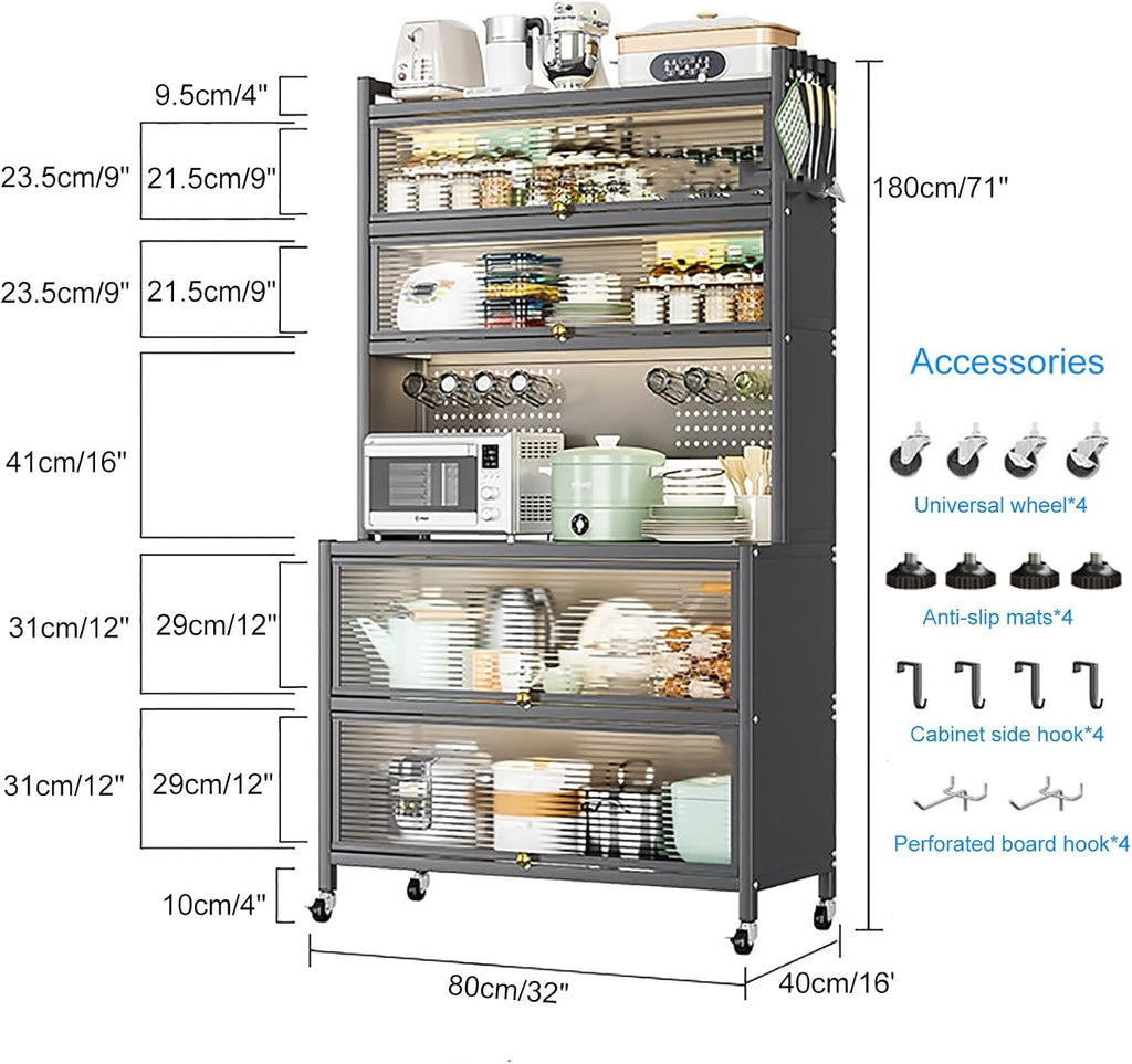 White Baker's Rack with Storage Drawer - Microwave Stand Cabinet, Metal Shelves for Kitchen, Garage, Pantry, Spices, Flip Door Pegboard Accessories, Space-Saving Organize,White,80cm/32in