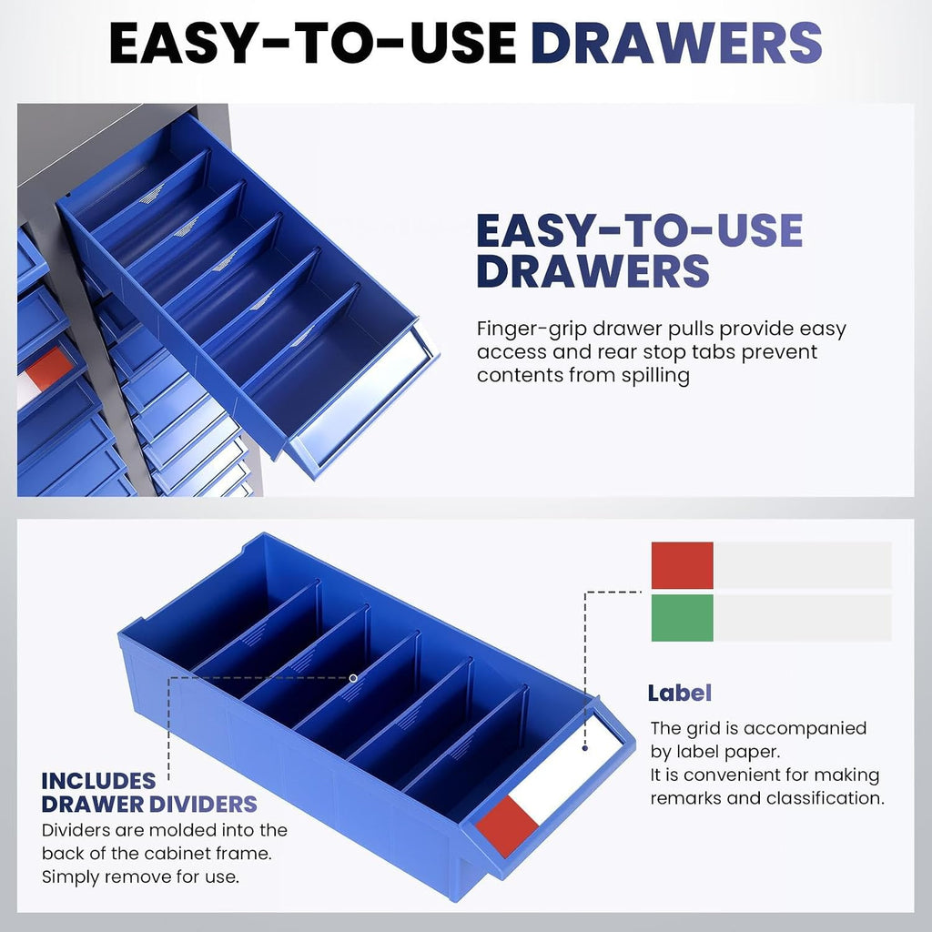 75 Drawers Small Parts Organizer Cabinet, 35' H x 26' D x 9' W Stainless Steel Large Parts Cabinet - Adjustable Shelves & Label, ABS Drawers for Home Office Workshop Laboratory Nut and Bolt Organizer