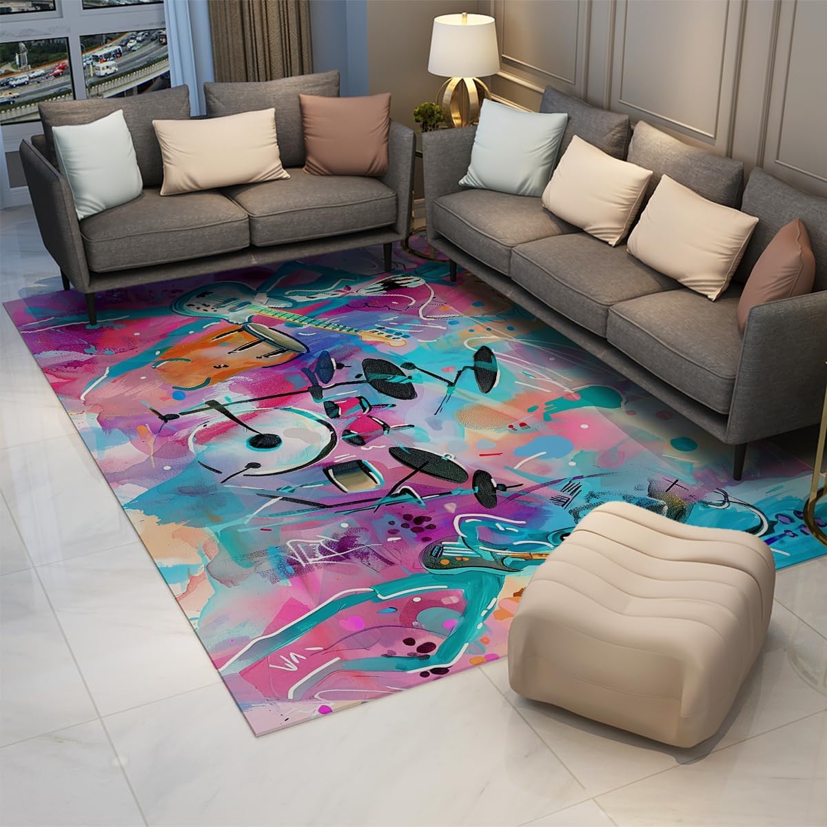 Abstract Music Graffiti Area Rug Washable 6x10ft Colorful Guitar Drums Printed Low Pile Carpet for Living Room Music Studio Home Decor Floor Mat
