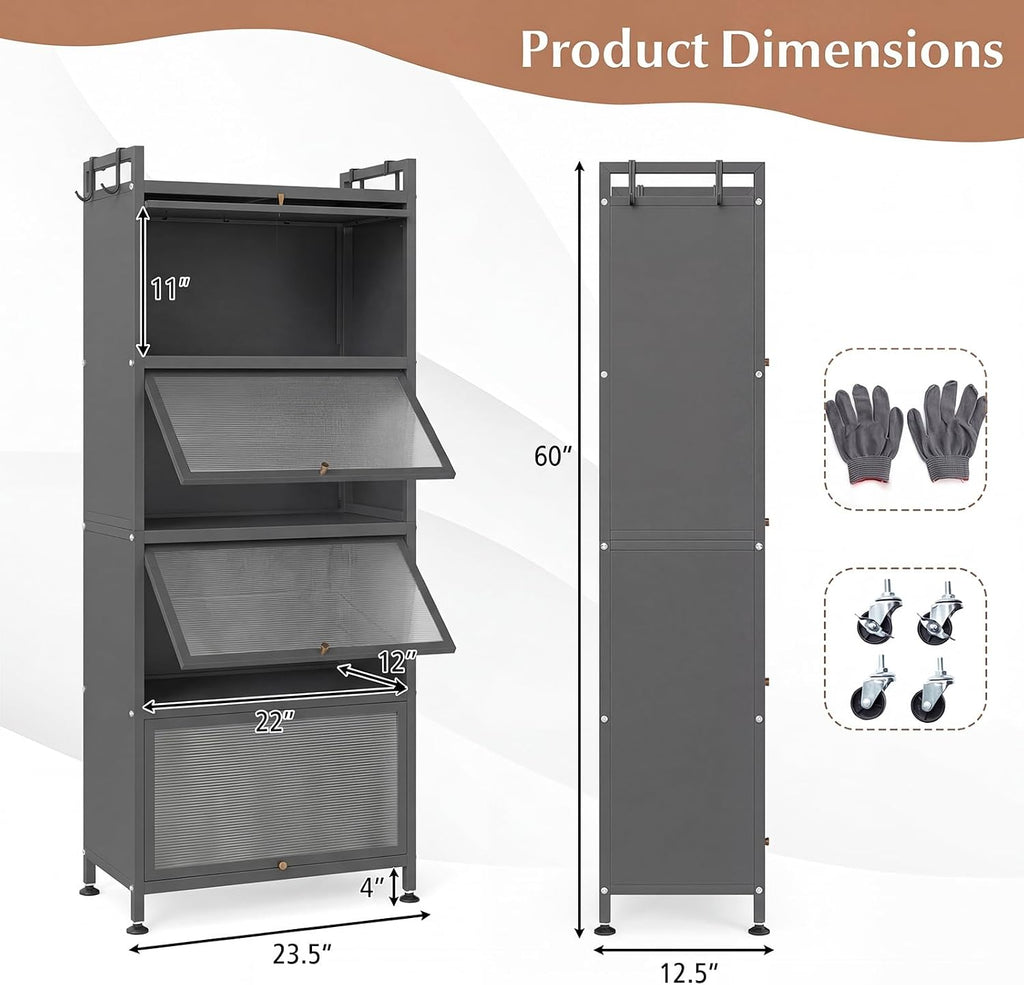 LDAILY 5-Tier Kitchen Storage Cabinet, Mobile Microwave Stand with Metal Frame, Double Anti-toppling Device, 4 Rolling Casters, Freestanding Bakers Rack for Kitchen, Dining Room, Living Room (Grey)