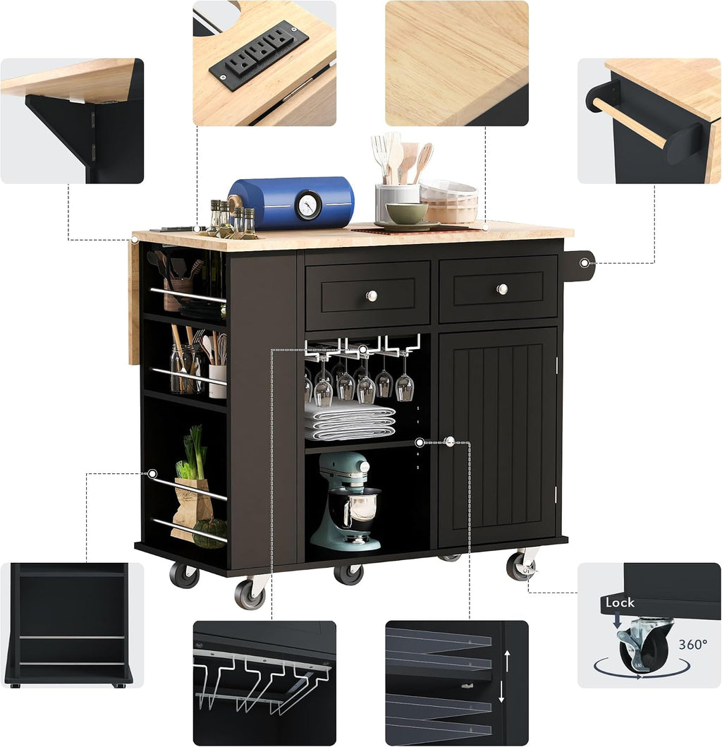 Merax 40' Width Kitchen Island with Storage, Rolling Kitchen Islands Cart with Power Outlet & Open Storage Shelves, Drop Leaf, Rubberwood Top, Lockable Wheels, Wine Rack, Towel Rack (Black)