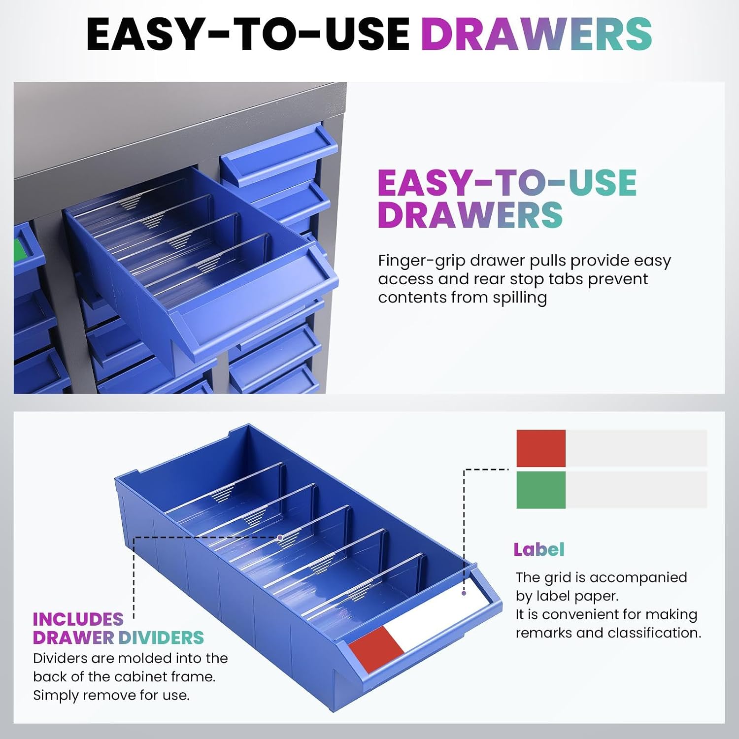 100-Drawer Small Part Organizer with 5 Dividers & 2 Labels Per Drawer, Nut and Bolt Organizer with Rear Stops, Rust Prevention & Corrosion Resistant Part Cabinet for Mechanics (100-Drawer)