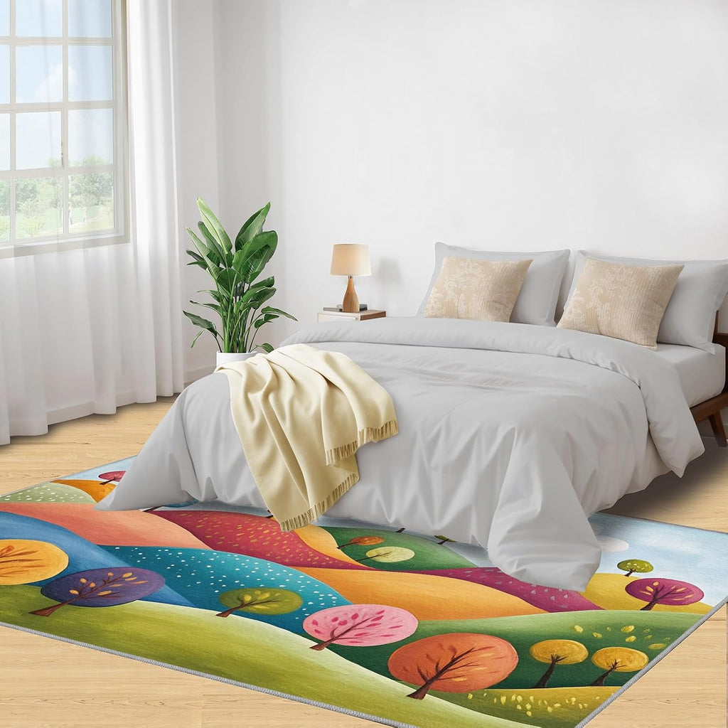6x8 Cartoon Classroom Rugs - Fairytale Hills Playroom Rug, Childlike Fun Trees Carpet Area Rug for Girls Bedroom Kids Room Basement Office Classroom