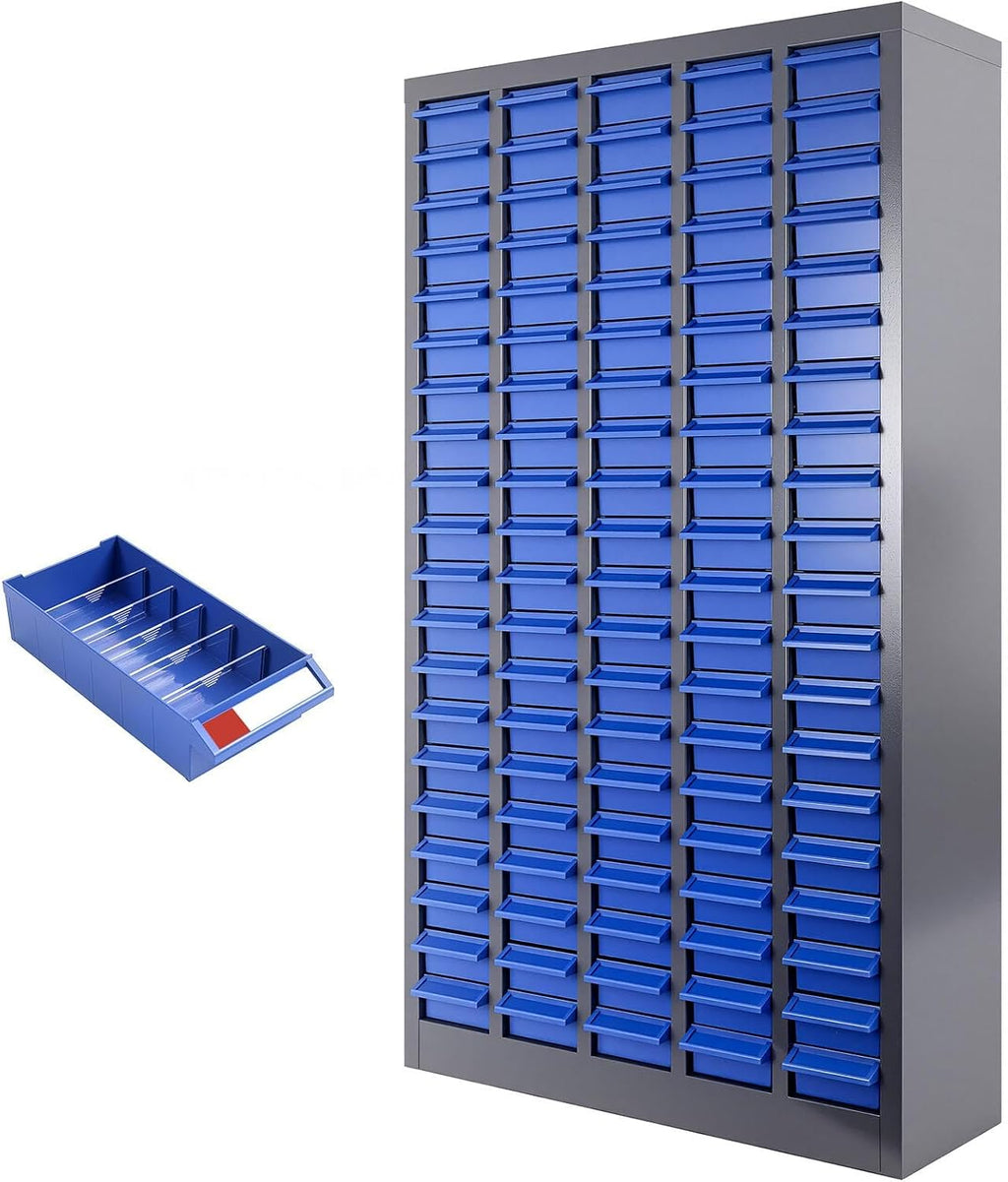 100 Drawers Parts Cabinet, Bolt and Nut Parts Equipment Organizer, ABS Material Drawer with Label Stickers, for Garage, Shop, Office, Sliver&Blue