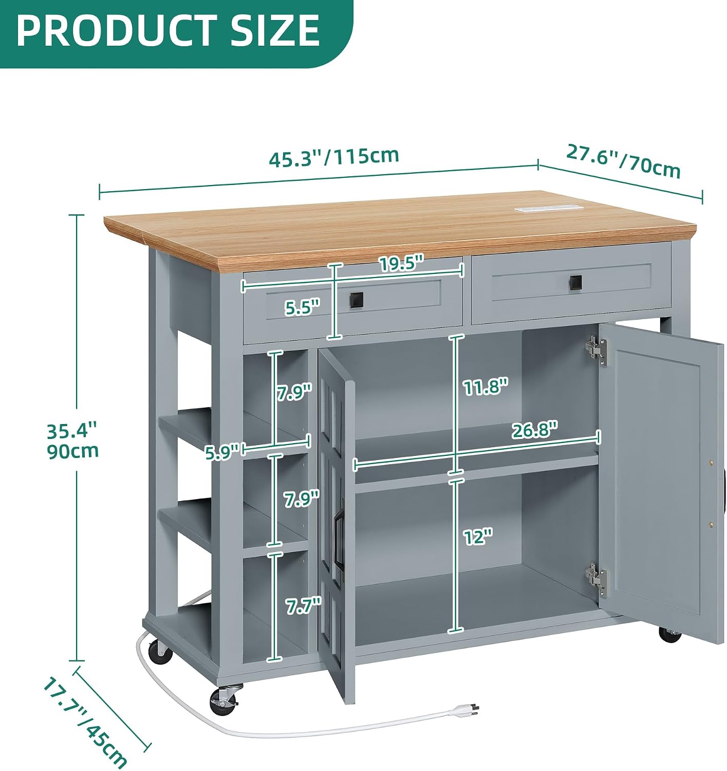 YITAHOME Kitchen Island with Drop Leaf & Power Outlet, Rolling Kitchen Cart on Wheels, Americana Kitchen Island Cabinet with Open Shelves for Kitchen Dining Room, Thicker Rubberwood Top, Grey Blue