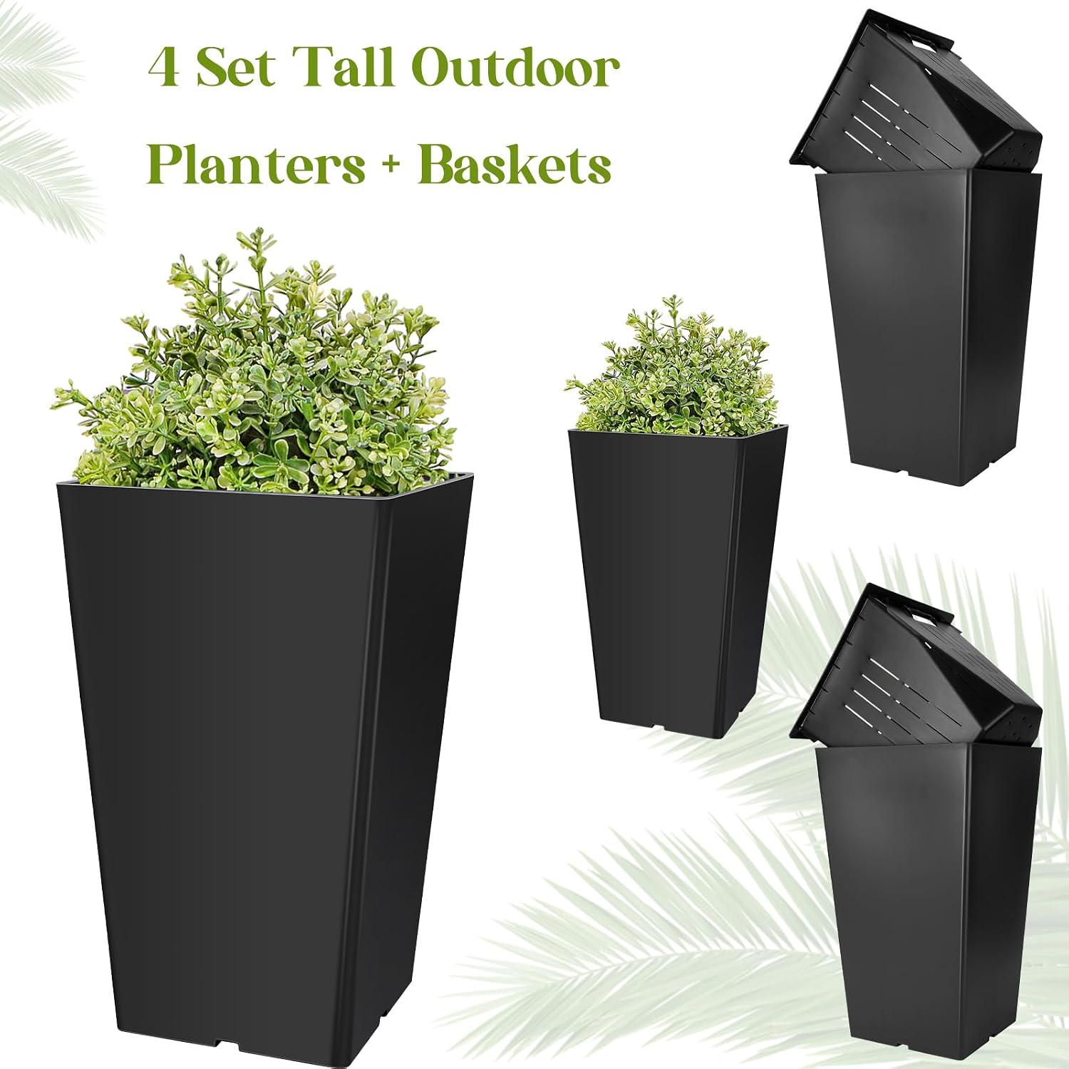 Yungyan 4 Set Tall Outdoor Planters + Baskets (Self Watering) (20 H) | Black Tall Front Porch Planters for Outdoor and Indoor(4 Set,Baskets (self Watering))