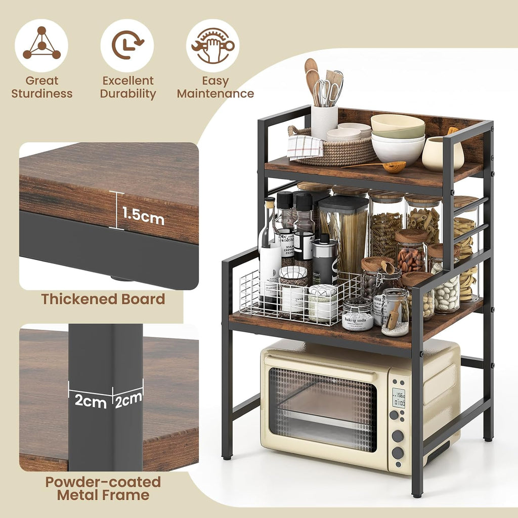 TANGZON 3-Tier Baker's Rack, Industrial Microwave Oven Stand with 2 Anti-tipping Kits & Adjustable Foot Pads, Metal Frame Utility Kitchen Storage Shelves Organiser for Dining Living Room
