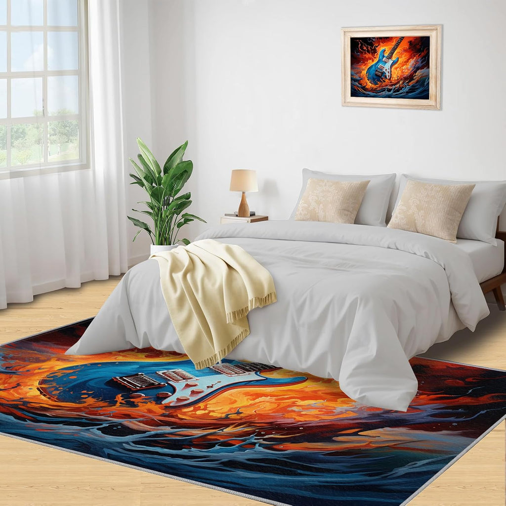 Guitar Rugs for Music Room - Boys Musical Rug, 6x8 Rug, Music Washable Rugs for Living Room Bedroom, Abstract Area Rug, Rock and Roll Carpet - Home Decor, Electric Guitars Gifts for Men