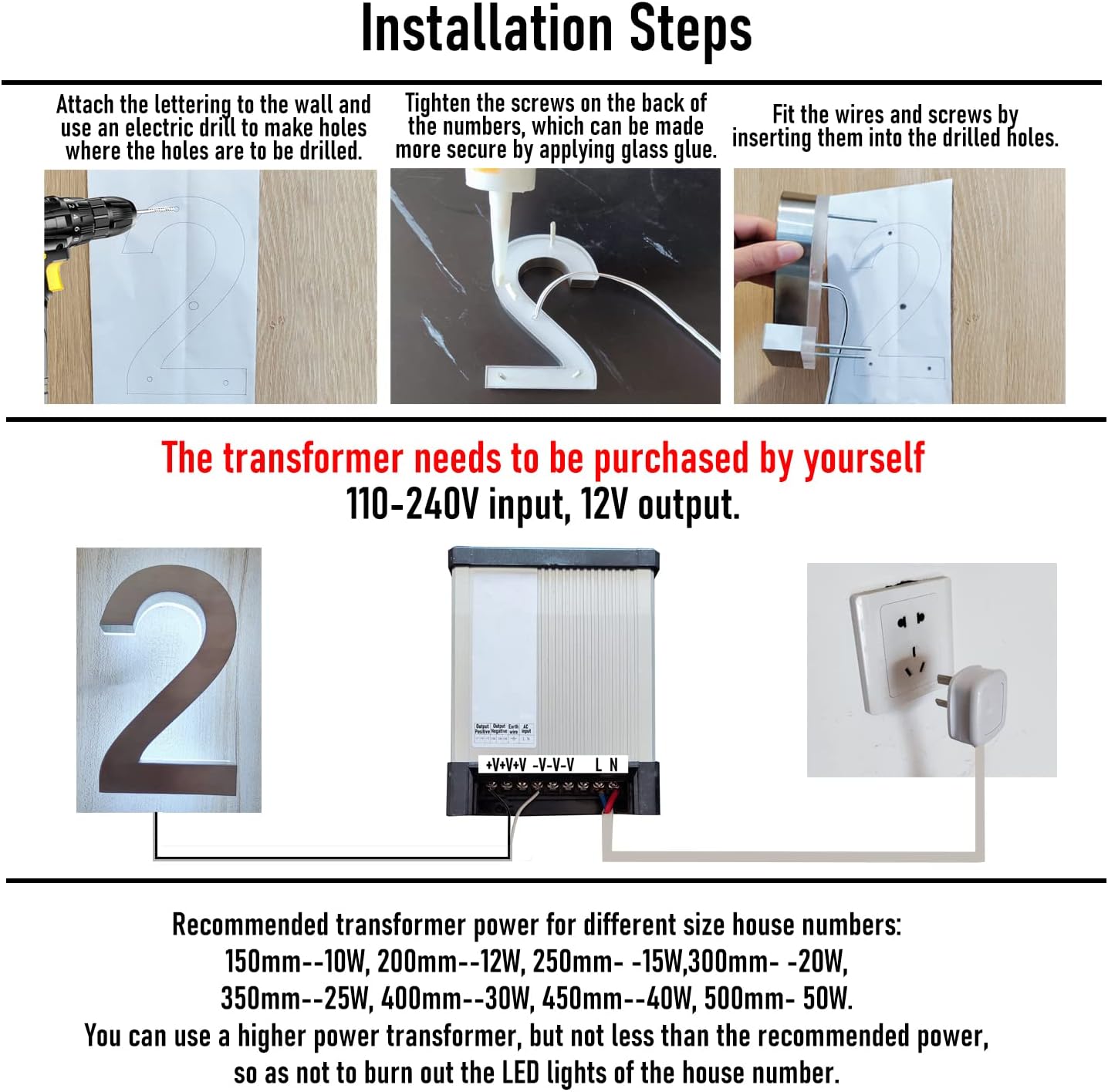 Illuminated LED House Numbers 20', Stainless Steel Backlit LED Illuminated Home Address Numbers, Large Modern Lighted House Numbers For Outside, Brown, Warm Light,9