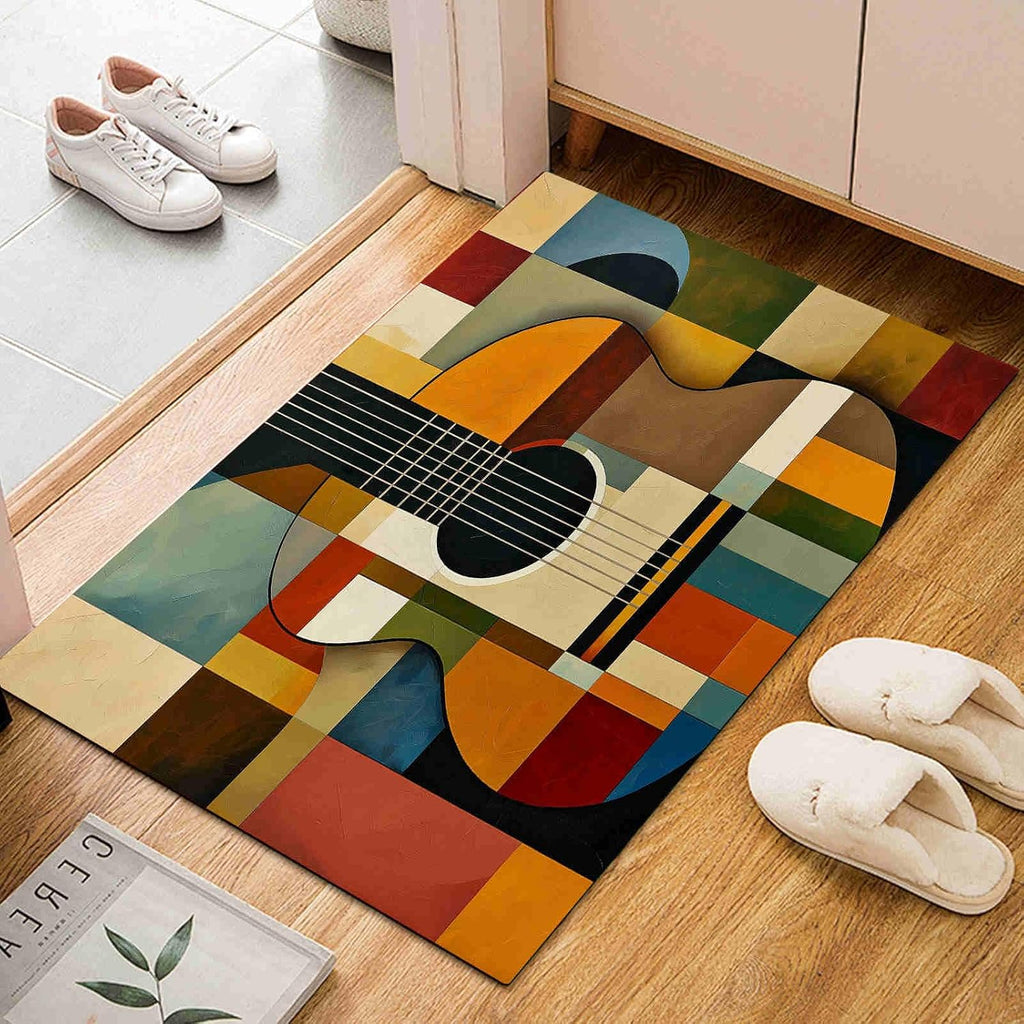 Vibrant Geometric Guitar Segments 5x7 Area Rugs Washable Colorful Patchwork Motifs Kids Rug for Bedroom Home Decor Carpet Mustard Yellow Rugs Indoor Non-Slip Low Pile Rug