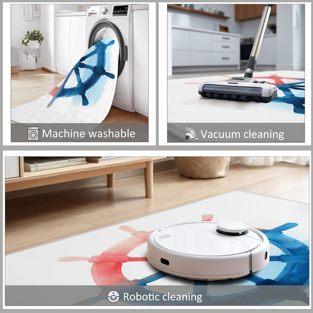 Washable Non-Slip Area Rug 5 x 7 ft, Watercolor Nautical Wheel Print Washable Rugs for Living Room - Soft Nautical Theme Low Pile Carpet for Bedroom Bedside Dining Room Nursery