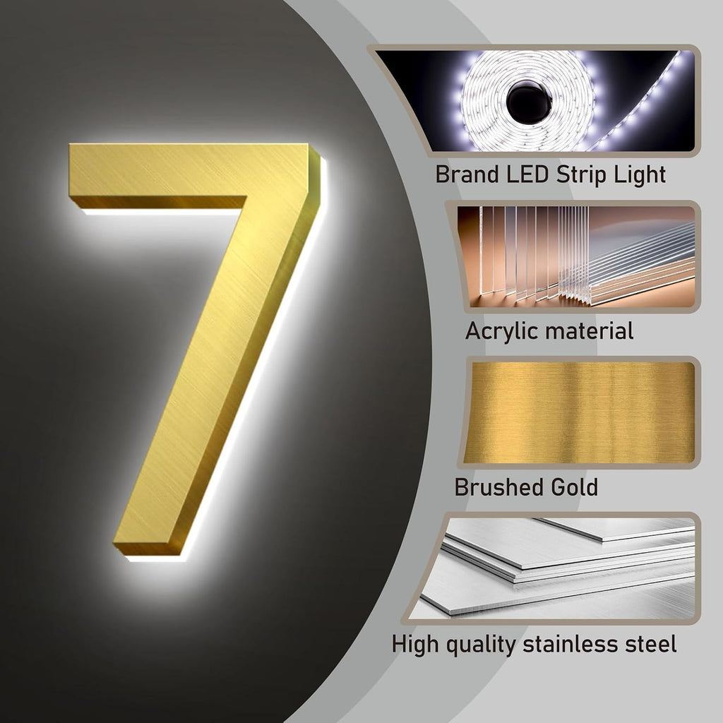 Backlit LED Illuminated Door Number, Gold Brushed Stainless Steel, LED Illuminated Home Address Number, Modern Lighted House Numbers.