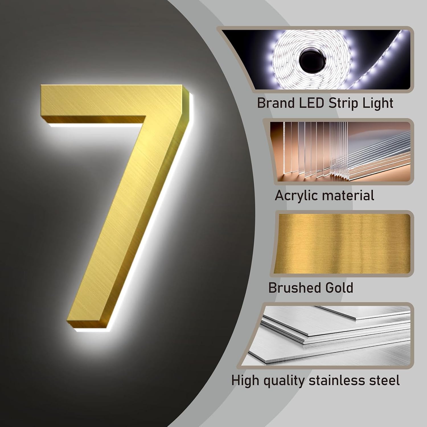 Backlit LED Illuminated Door Number, Gold Brushed Stainless Steel, LED Illuminated Home Address Number, Modern Lighted House Numbers.