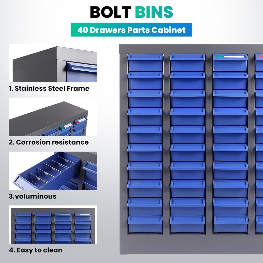 40 Drawers - Part Cabinet, Shelves & Label Stickers - Bolt and Nut Organizer Bolt Bin Cabinets, Durable Steel Tool Storage Cabinet for Garage/Workshop Small Parts/Hardware Organization (40 Drawer)