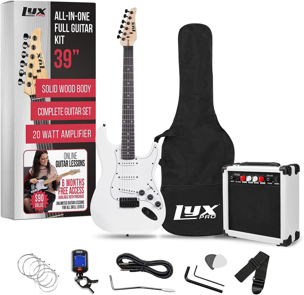 LyxPro 39 inch Electric Guitar Kit Bundle with 20w Amplifier, All Accessories, Digital Clip On Tuner, Six Strings, Two Picks, Tremolo Bar, Shoulder Strap, Case Bag Starter kit Full Size - White