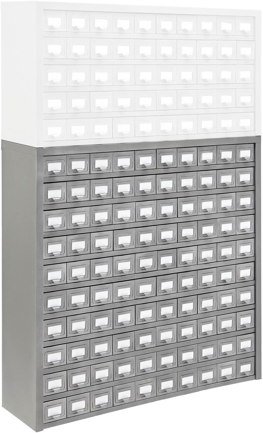Global Industrial Storage Drawer Cabinet, 100 Drawers with Label Holder, Steel Construction, 36'W x 9'D x 34-1/2'H, Gray Enamel Finish, Small Parts Organizers