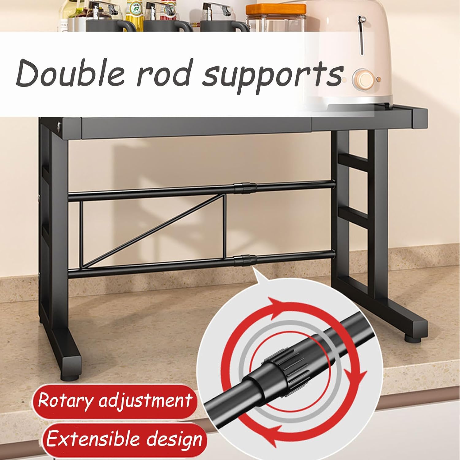 Adjustable 2-Tier Microwave Oven Shelf, Extendable Kitchen Storage Rack with Chopstick Holder, Space-Saving Baker Stand for Countertop, White