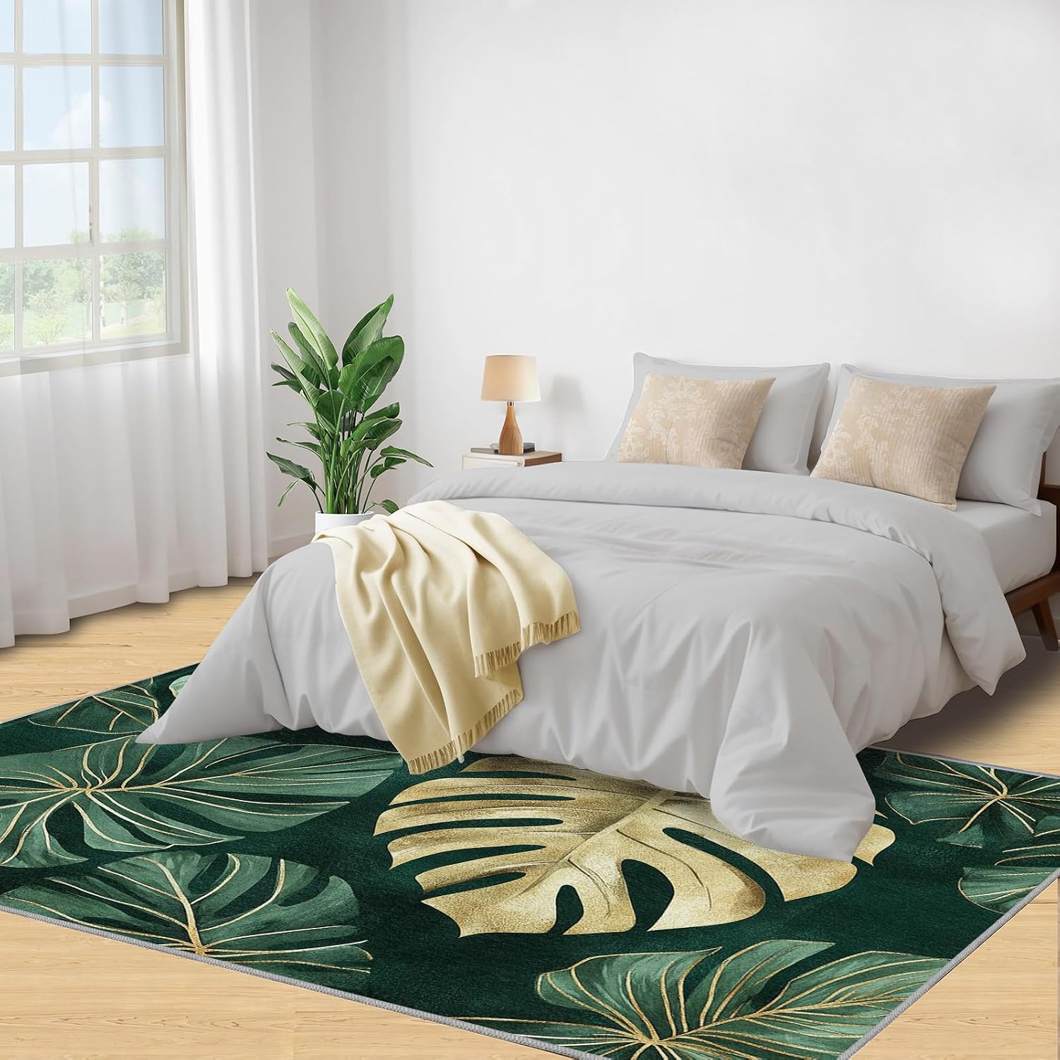 Monstera Rug 6x8-6x8 Rug, Emerald Green Gold Monstera Area Rugs for Bedroom, Tropical Rugs for Living Room, Luxury Washable Mat, Botanical Carpet, Leaves Home Decor & Gifts