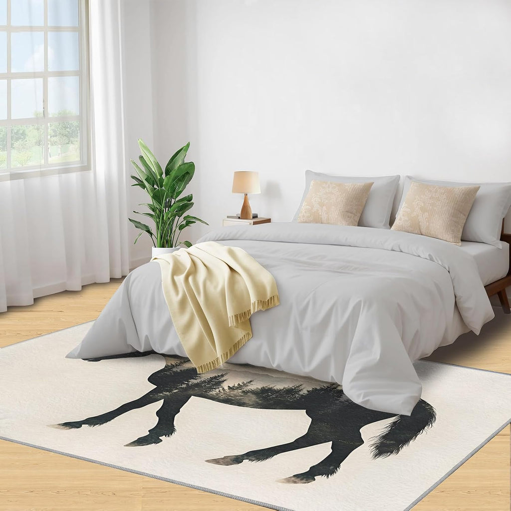 Horse Rugs for Bedroom, Black Horse Forest Rug 6x8, Animal Silhouette Dining Room Rugs Washable & Non Slip Large Carpet for Home Decor