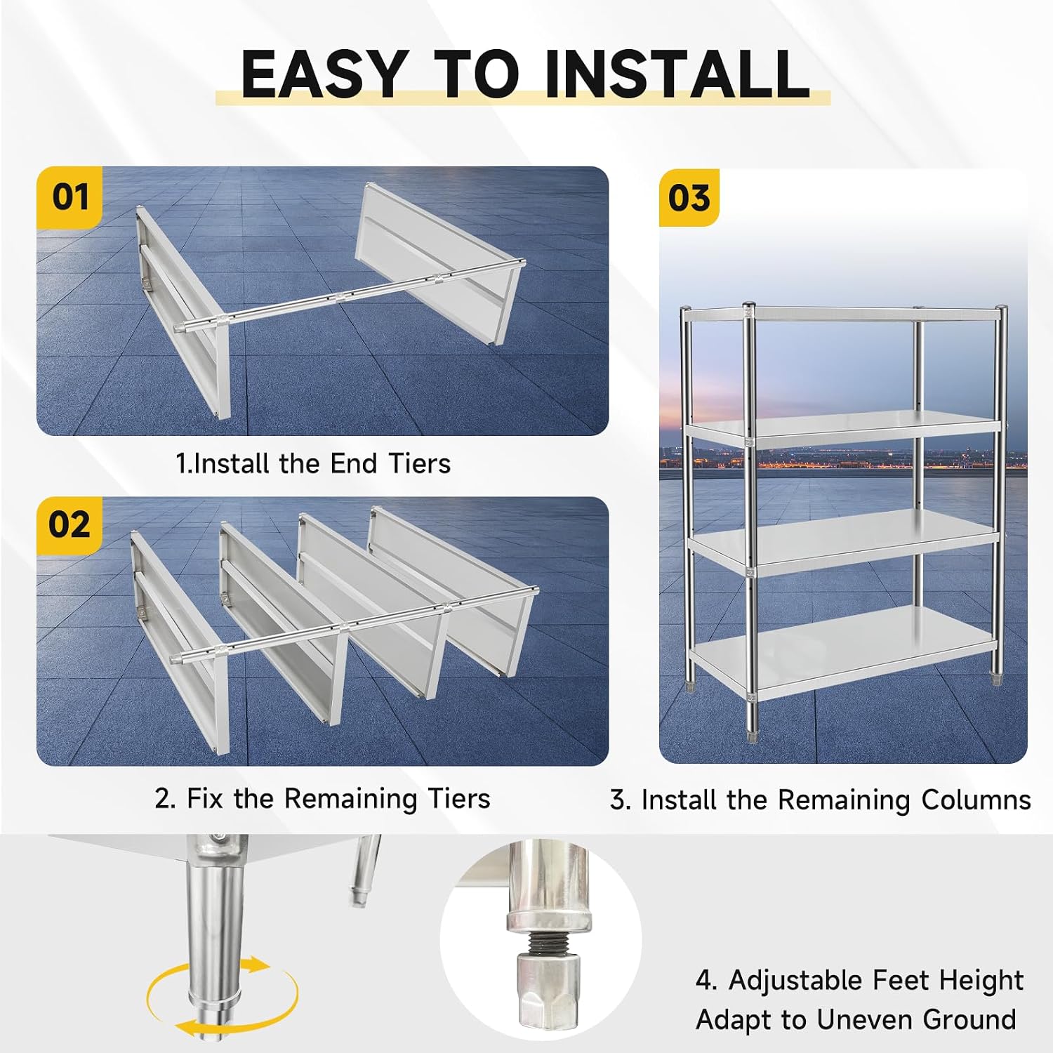 Stainless Steel Shelves 48x18x60 Inch Storage Rack 4 Tier Shelving Units and Storage Adjustable Stainless Steel Rack Shelving, Storage Shelves for Kitchen Commercial Office