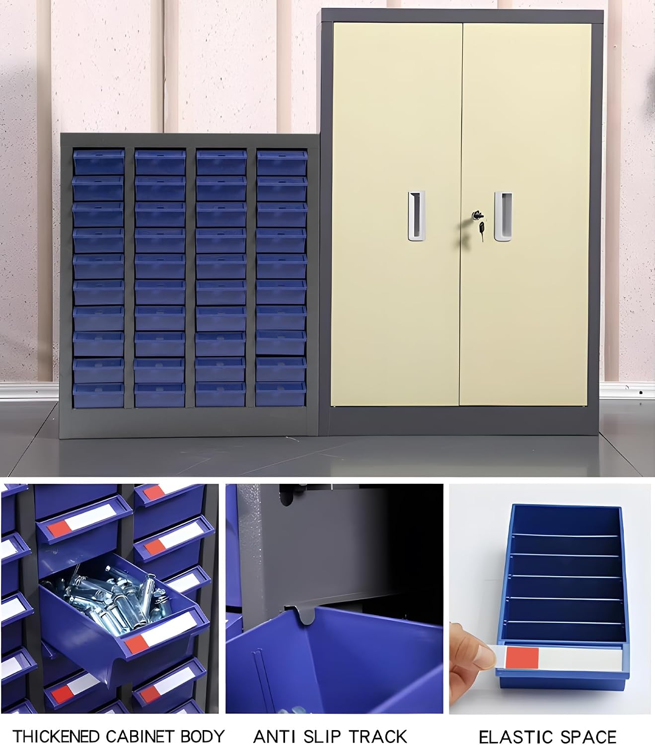 Bolt and Nut Tool Storage Cabinet 40 Drawers Parts Cabinets with ABS Material Drawer for Tool Organization Shelves Hardware and Office Supplies, Grey