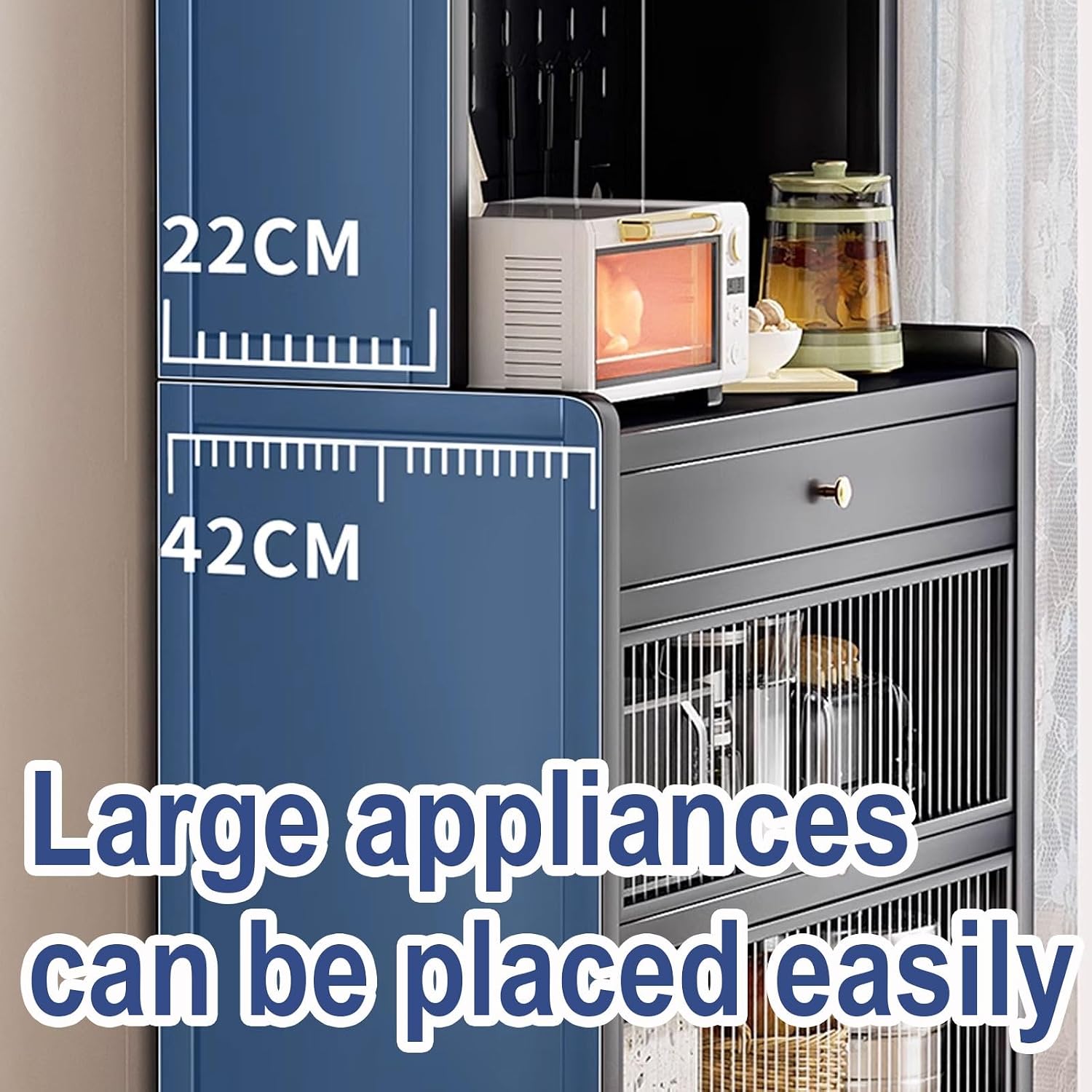 Microwave Stand with Storage Cabinet Made of Carbon Steel Baker's Rack with Rolling Wheels and 4 Hooks Kitchen Shelves for Spices, Pots, and Pans(Color:White,Size:80 * 42 * 172cm)