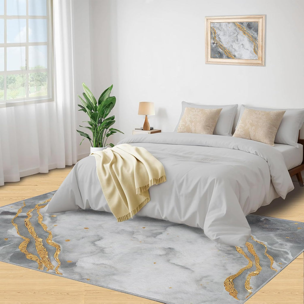 Marble Grey Area Rug, Nordic Abstract Gold Rugs for Living Room, Indoor Non-Slip Kids Rugs, Machine Washable Breathable Durable Carpet for Front Entrance Floor Decor,6 x 8ft