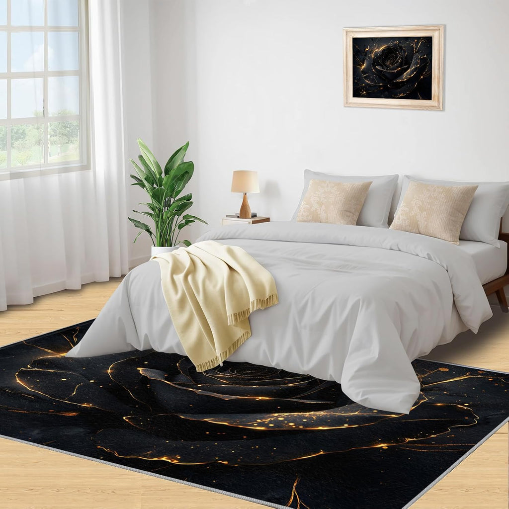Black Rose Bedroom Rug, Abstract Rose Rugs for Living Room, Washable Area Rug for Dining Room Farmhouse Decor Floor Mat 6x8