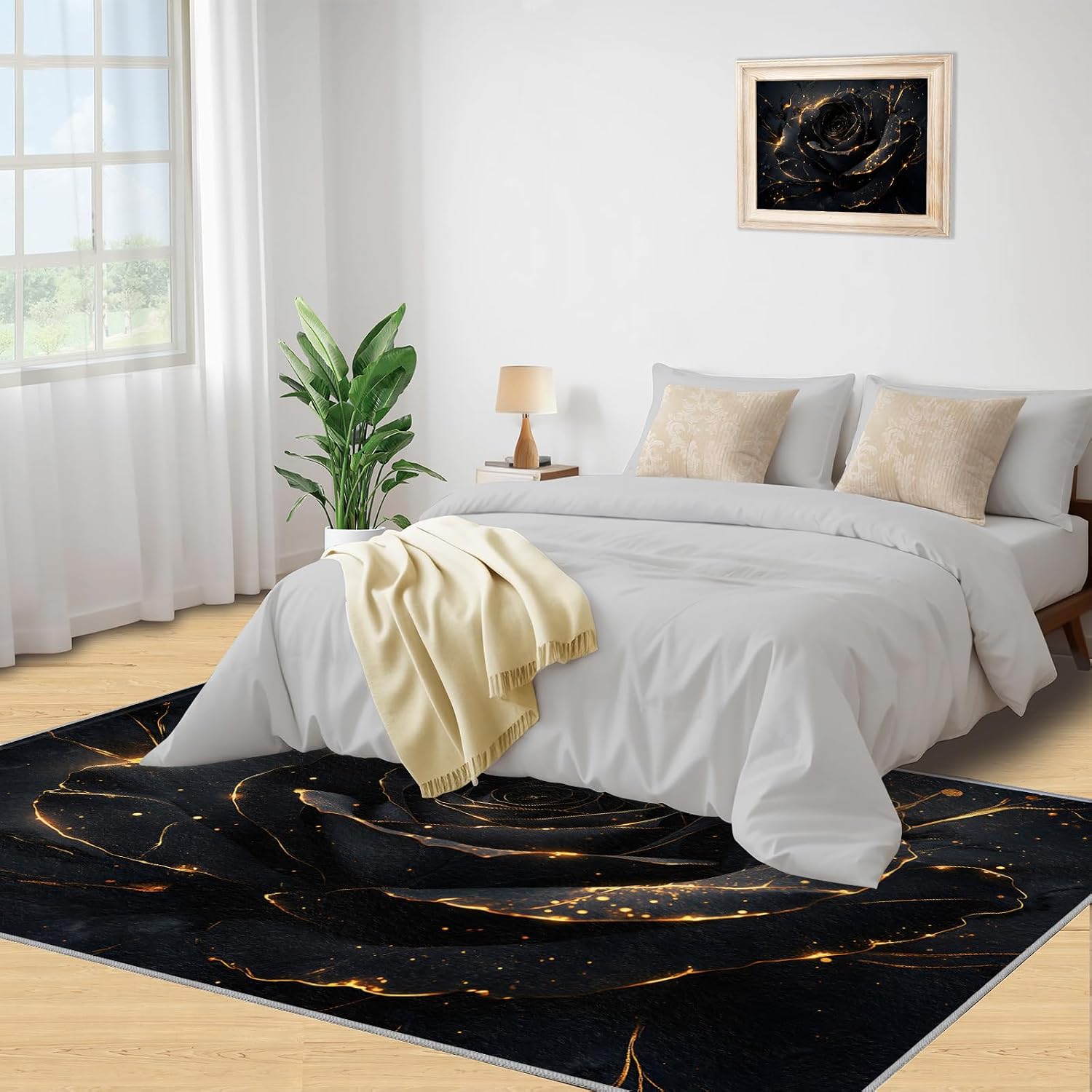 Black Rose Bedroom Rug, Abstract Rose Rugs for Living Room, Washable Area Rug for Dining Room Farmhouse Decor Floor Mat 6x8
