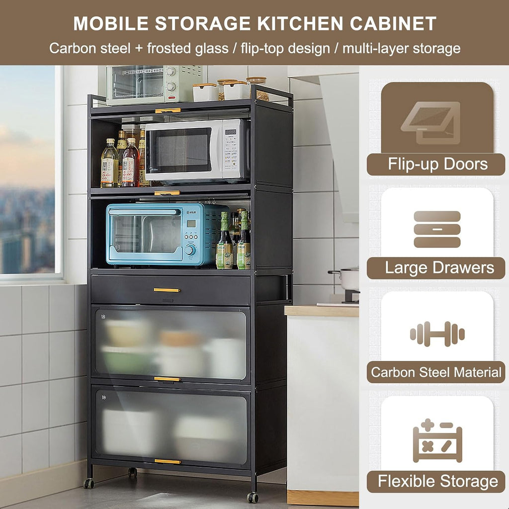 5 -Tier Kitchen Hutch with Flip Door Cabinet, Bakers Rack with Drawers, Coffee Cabinet Bar, Microwave Cart with Brakeable Casters, Pantry Cabinets for Kitchen Storage,White,60×102cm/23.6×40in