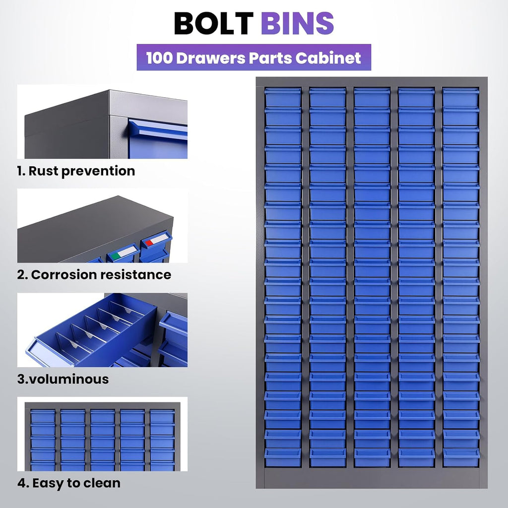 100 Drawers Nut and Bolt Organizer, 46' H x 26' D x 9' W Bolt and Nut Tool Storage Cabinet with Acrylic Adjustable Shelves & Label Stickers, Alloy Steel Parts Cabinet for Workshop Garage Organizer