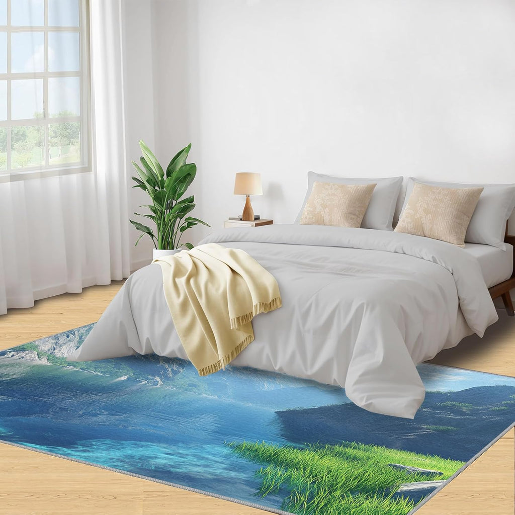 Nature Landscape Rug 6x8-6x8 Rug, Mountains Area Rugs for Living Room Bedroom, Lake Area Carpet, Natural Scenery Washable Carpet, Landscape Home Decor & Gifts