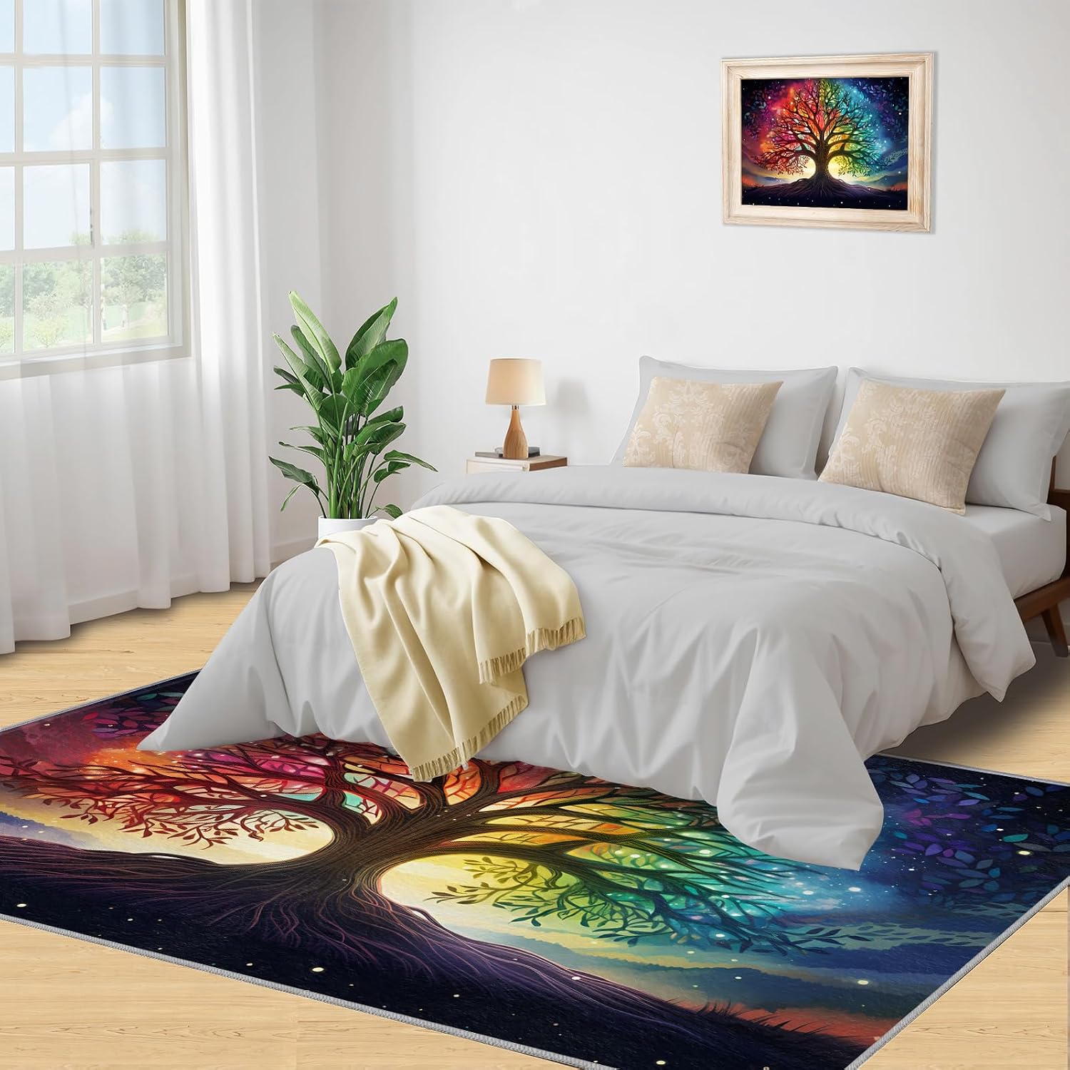 Colorful Life Tree Rug for Kids Room - 6x8 Large Rug, Boho Aurora Starry Galaxy Rugs for Bedroom Fantasy Tree Area Rugs for Living Room Home Decor Washable Rug
