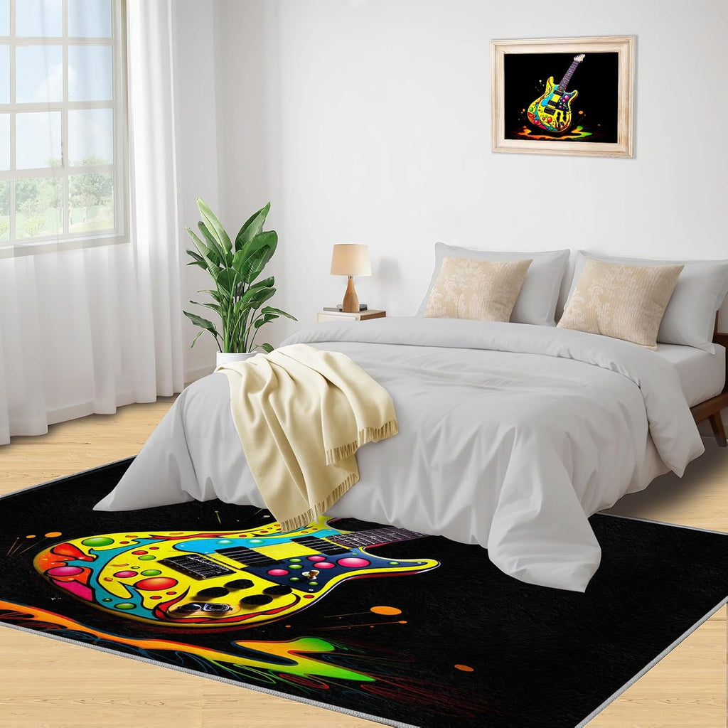 Guitar Home Decor Area Rug - Cool Guitar Bedroom Rug - Music Lover Living Room Rugs - Non-Slip Low Pile Carpet for Kids Room Band Recording Studio 6x8ft