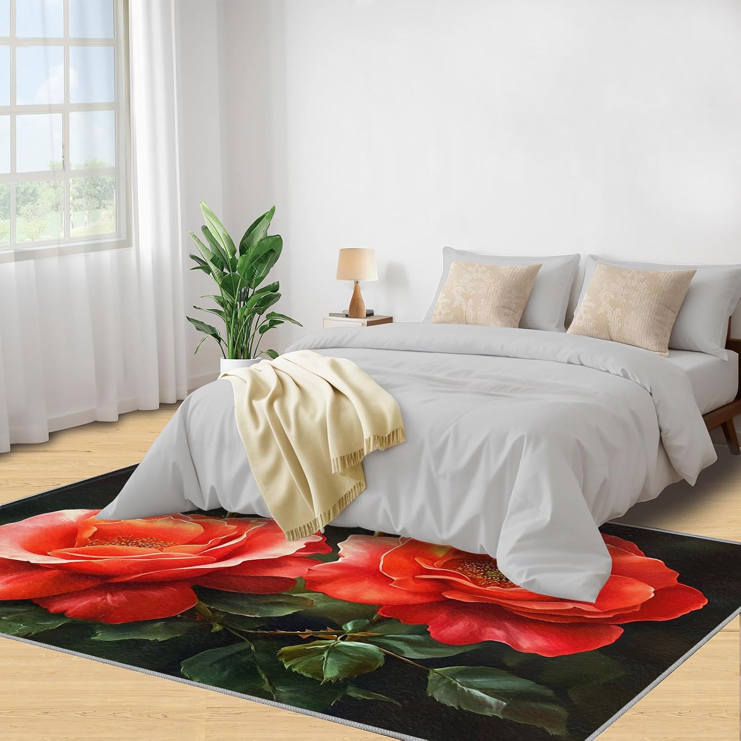 Floral Rugs for Bedroom - 6x8 Rug, Red Flower Area Rugs for Living Room, Flower Carpet, Black and Red Washable Area Mat, Aesthetic Carpet, Floral Home Decor & Gifts