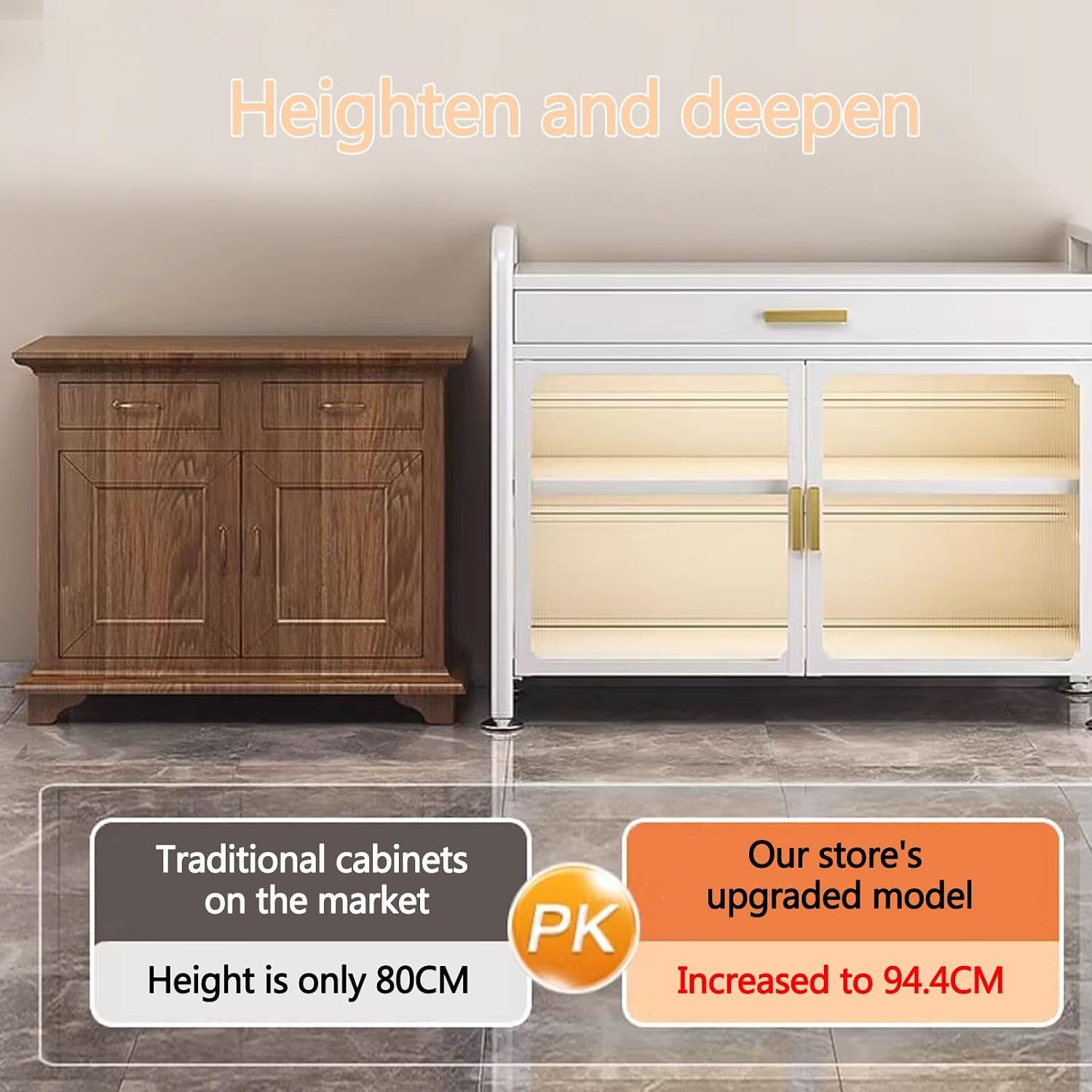 Kitchen Storage Rack for Cabinet Bakers Rack with Storage Cabinet Doors with Adjustable Foot Pads, for Kitchen, Dining Room, Living Room(White,60 * 37.5 * 94.4cm)