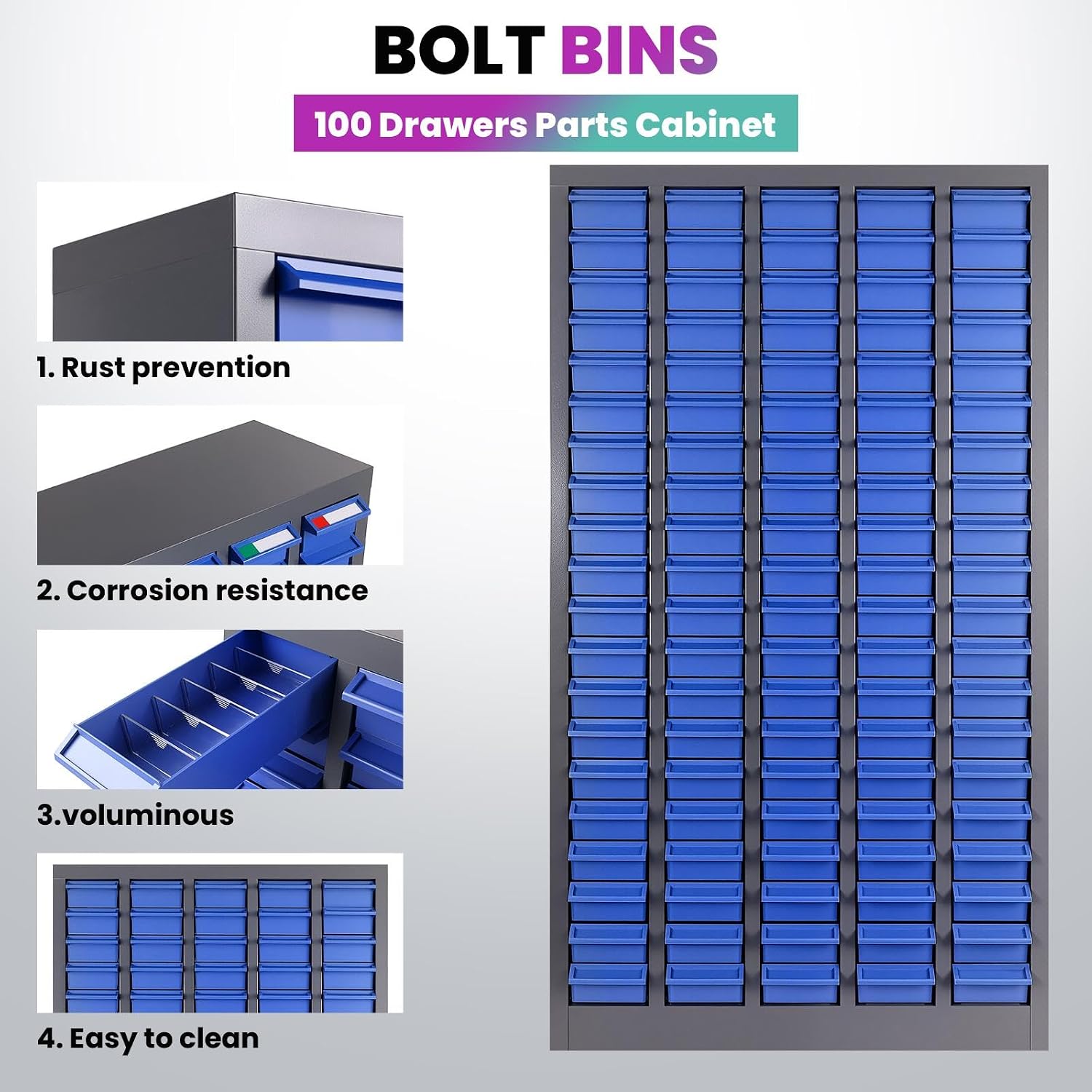 100-Drawer Small Part Organizer with 5 Dividers & 2 Labels Per Drawer, Nut and Bolt Organizer with Rear Stops, Rust Prevention & Corrosion Resistant Part Cabinet for Mechanics (100-Drawer)